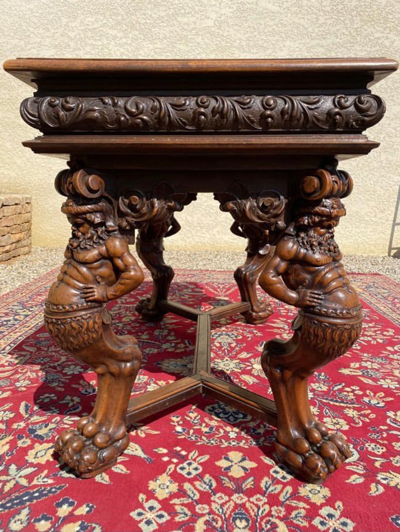 French Samson and the Lion, Renaissance Style Carved Walnut Center Table 19th Century For Sale