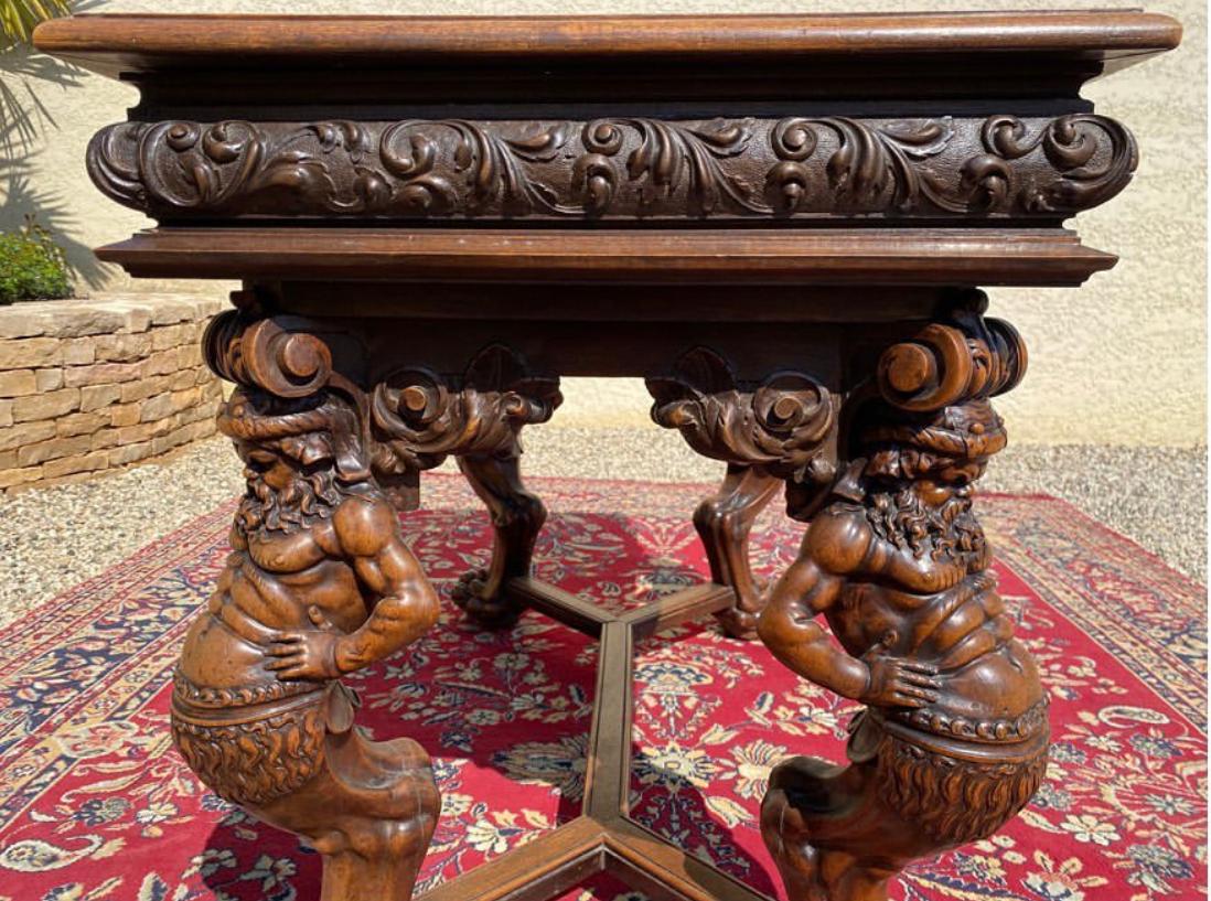 Hand-Carved Samson and the Lion, Renaissance Style Carved Walnut Center Table 19th Century For Sale