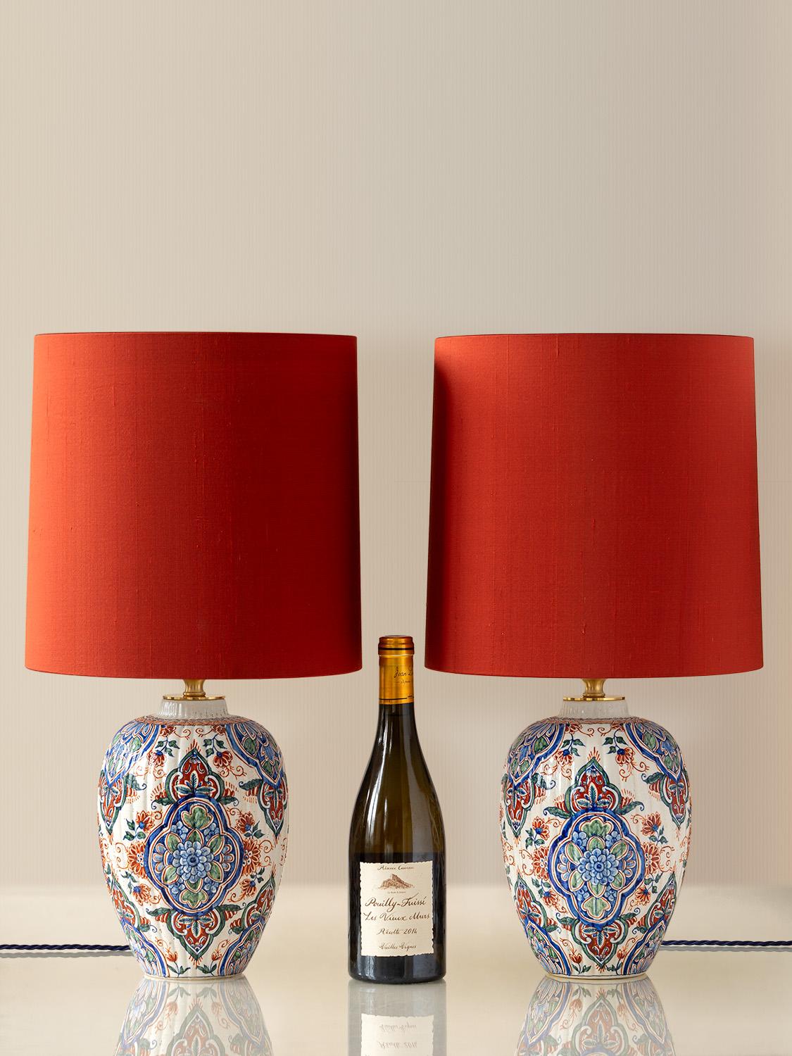 Baroque Samson Delftware Cashmere Palette Table Lamps, circa 1880, New Silk Shades
