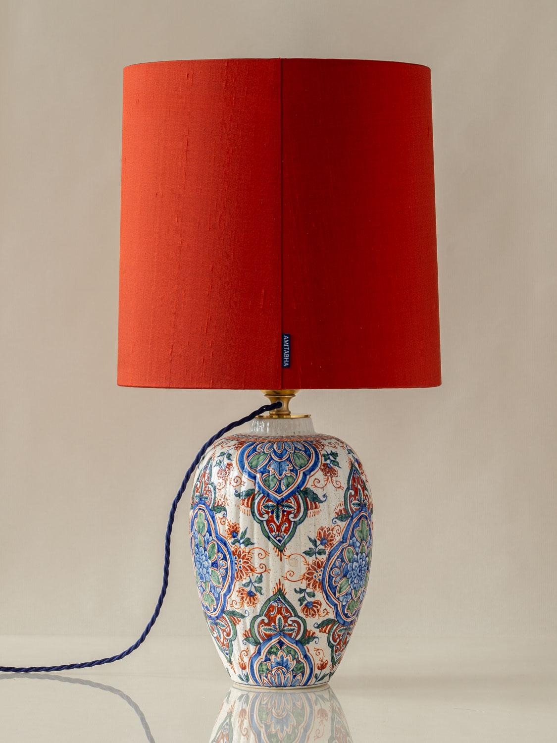 19th Century Samson Delftware Cashmere Palette Table Lamps, circa 1880, New Silk Shades