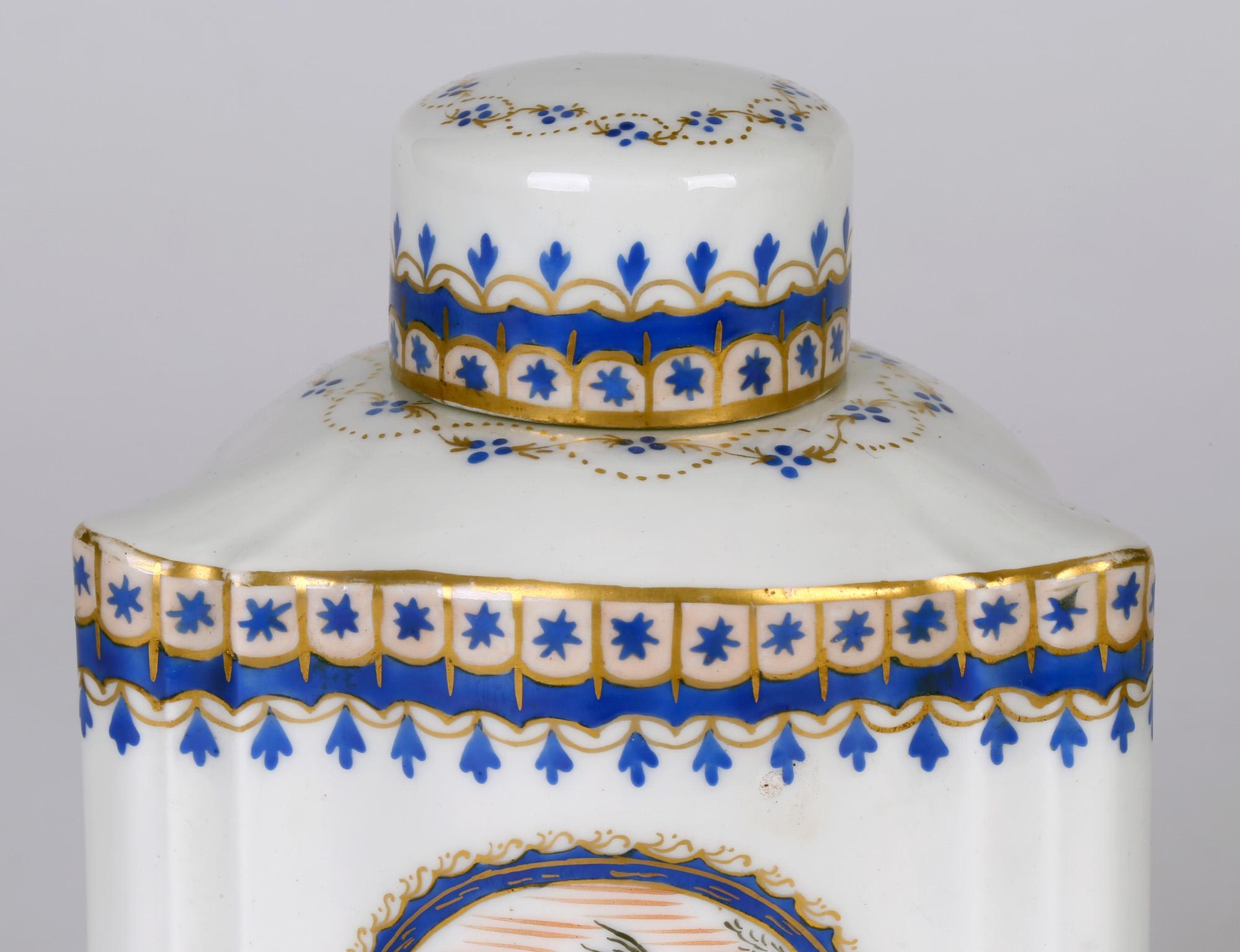 A very fine French Chinese Qianlong (18th century) style porcelain teacaddy and cover attributed to Samson of Paris and dating from the 19th century. The tea caddy is beautifully made and of an unusual three sided triangular shape hand decorated to