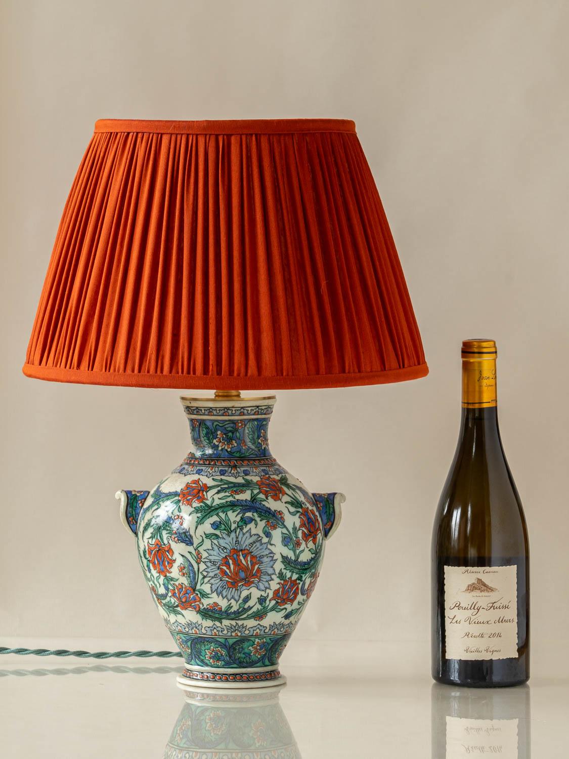 Islamic Samson Iznik-Style Table Lamp, Late 19th C, with New Burnt Orange Silk Shade