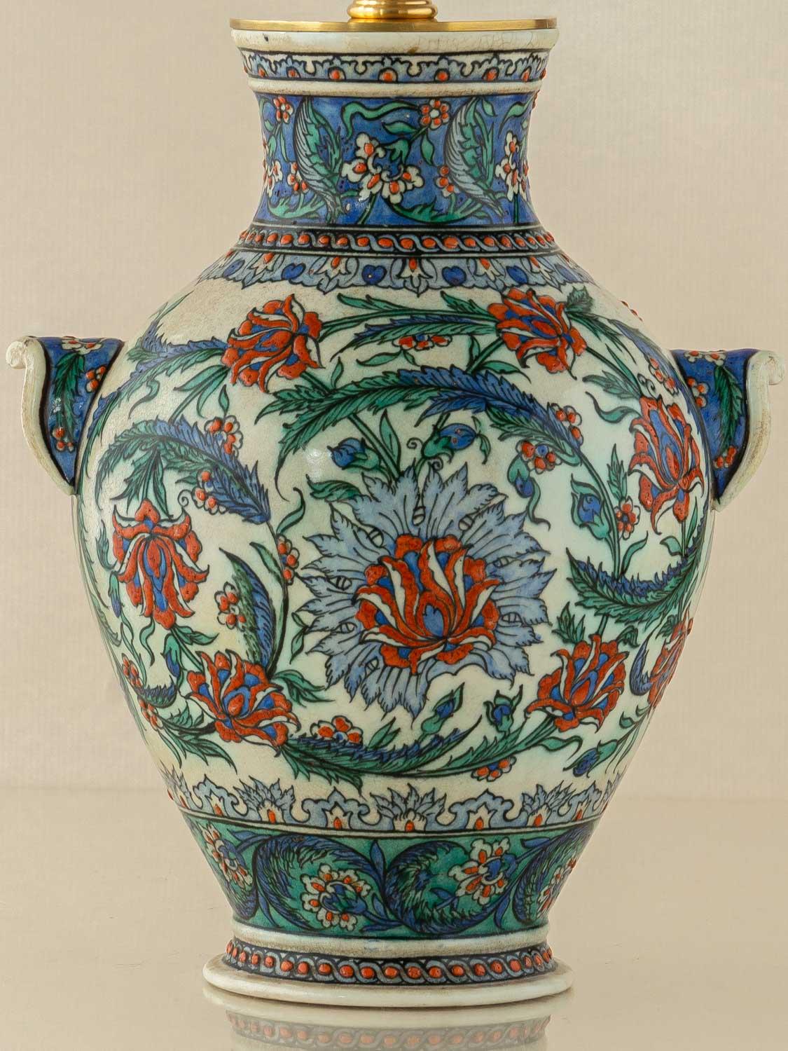 French Samson Iznik-Style Table Lamp, Late 19th C, with New Burnt Orange Silk Shade