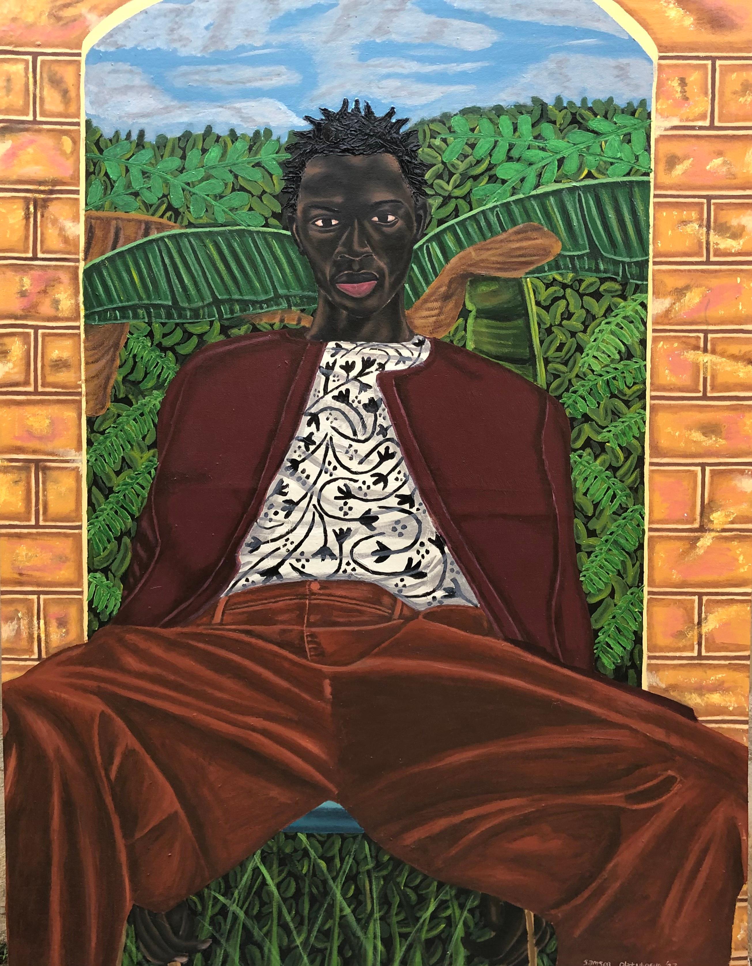 Figurative Painting di Samson Olatubosun - Momento di solitudine - 21° secolo, Contemporaneo, Figurativo, Tecnica mista, Moderno
