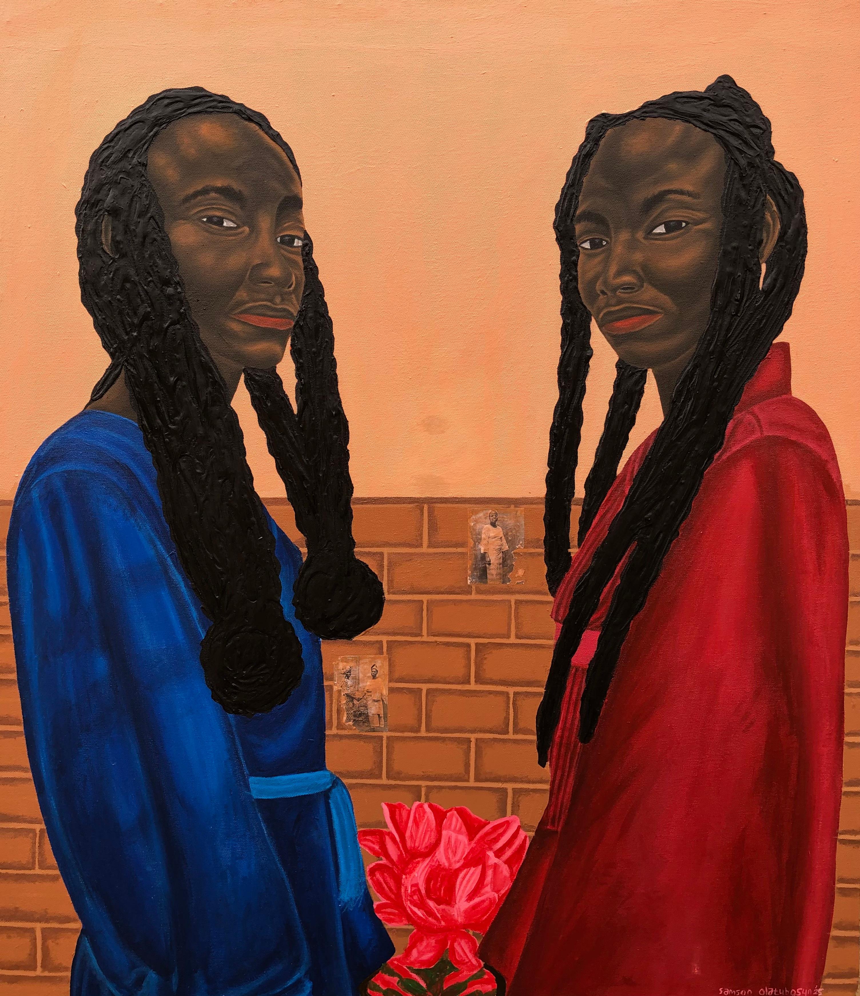 Together As It Blooms Again -21° Secolo, Contemporaneo, Figurativa femminile floreale - Mixed Media Art di Samson Olatubosun