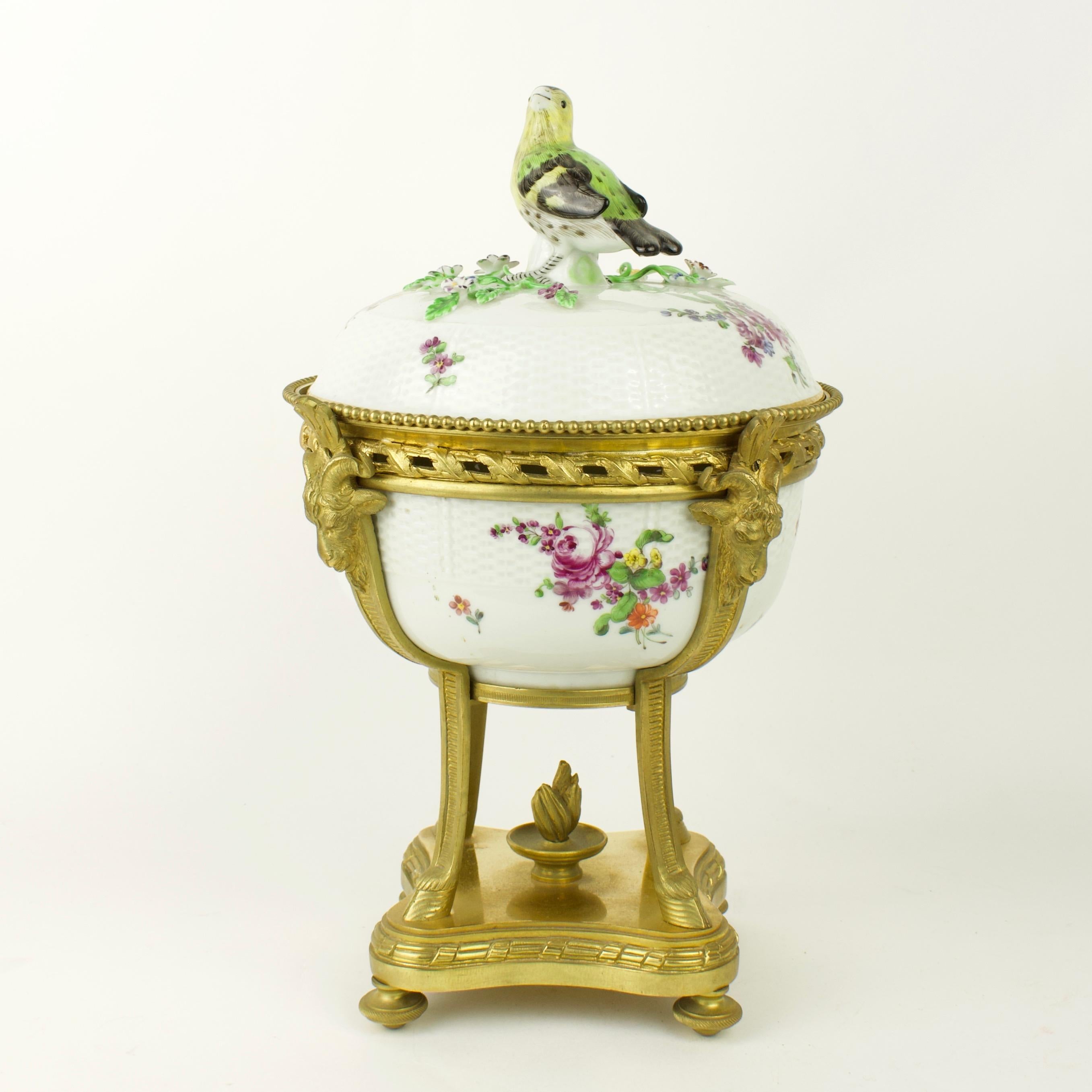 Louis XVI Samson Paris 19th Century Meissen Inspired Porcelain Bronze Mount Bowl and Cover For Sale