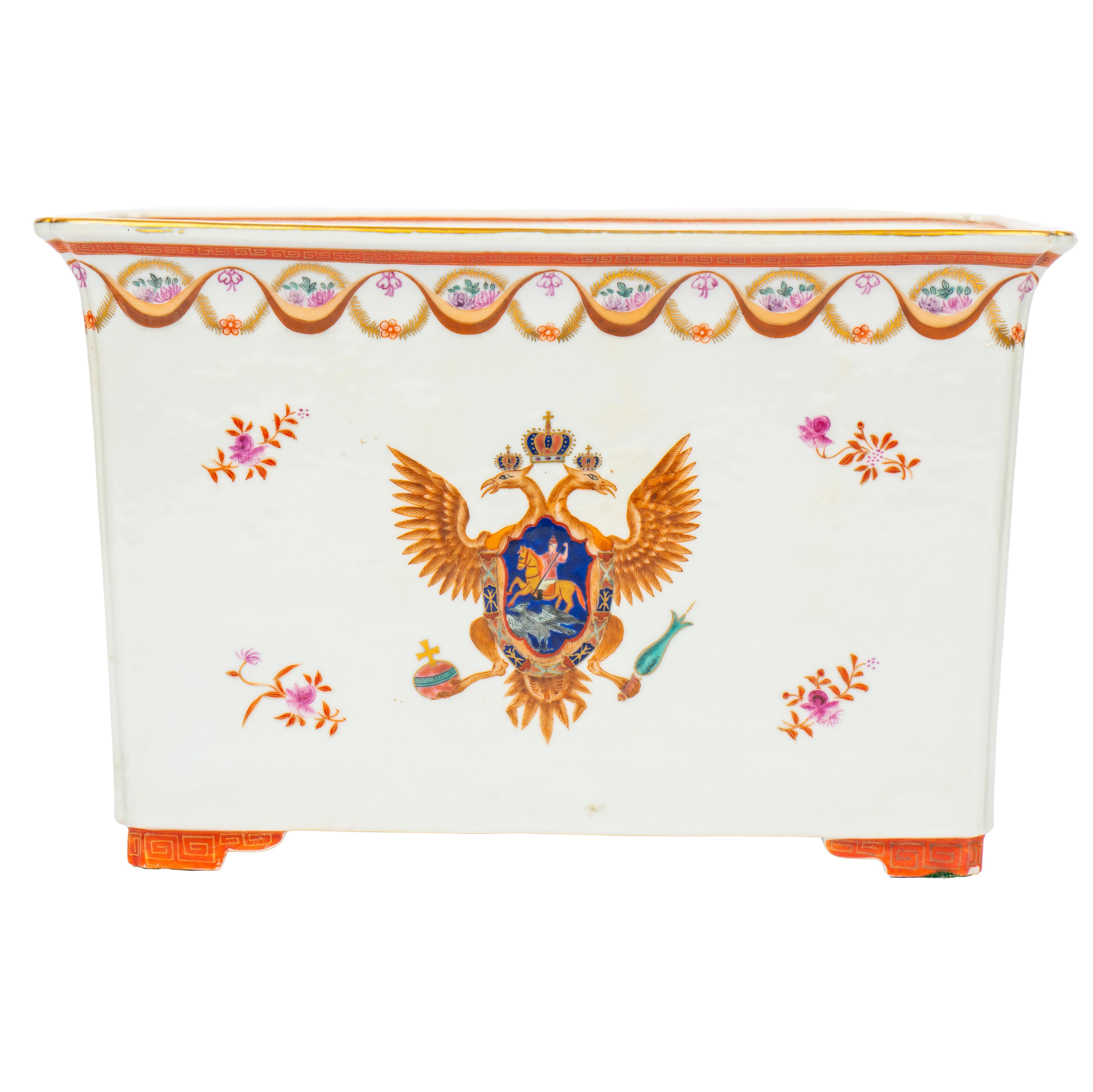 Recalling the Chinese export service ordered by Empress Catherine the Great in the 18th century for the Russian imperial court, this colorful and festive jardinière or planter, is decorated front and back with a stylized imperial Russian double