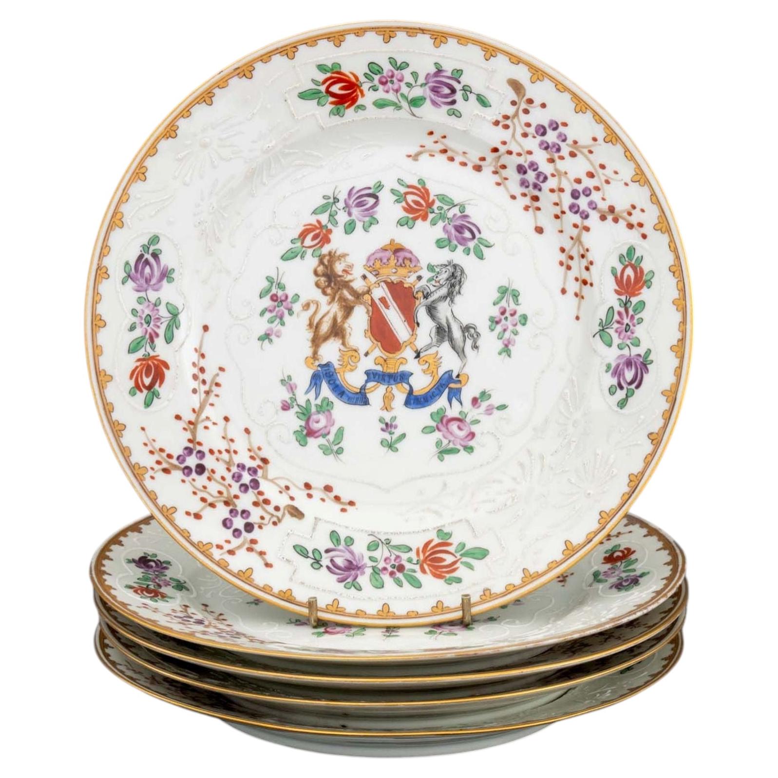 Set of Five Samson Hand-Painted Porcelain Armorial Plates For Sale