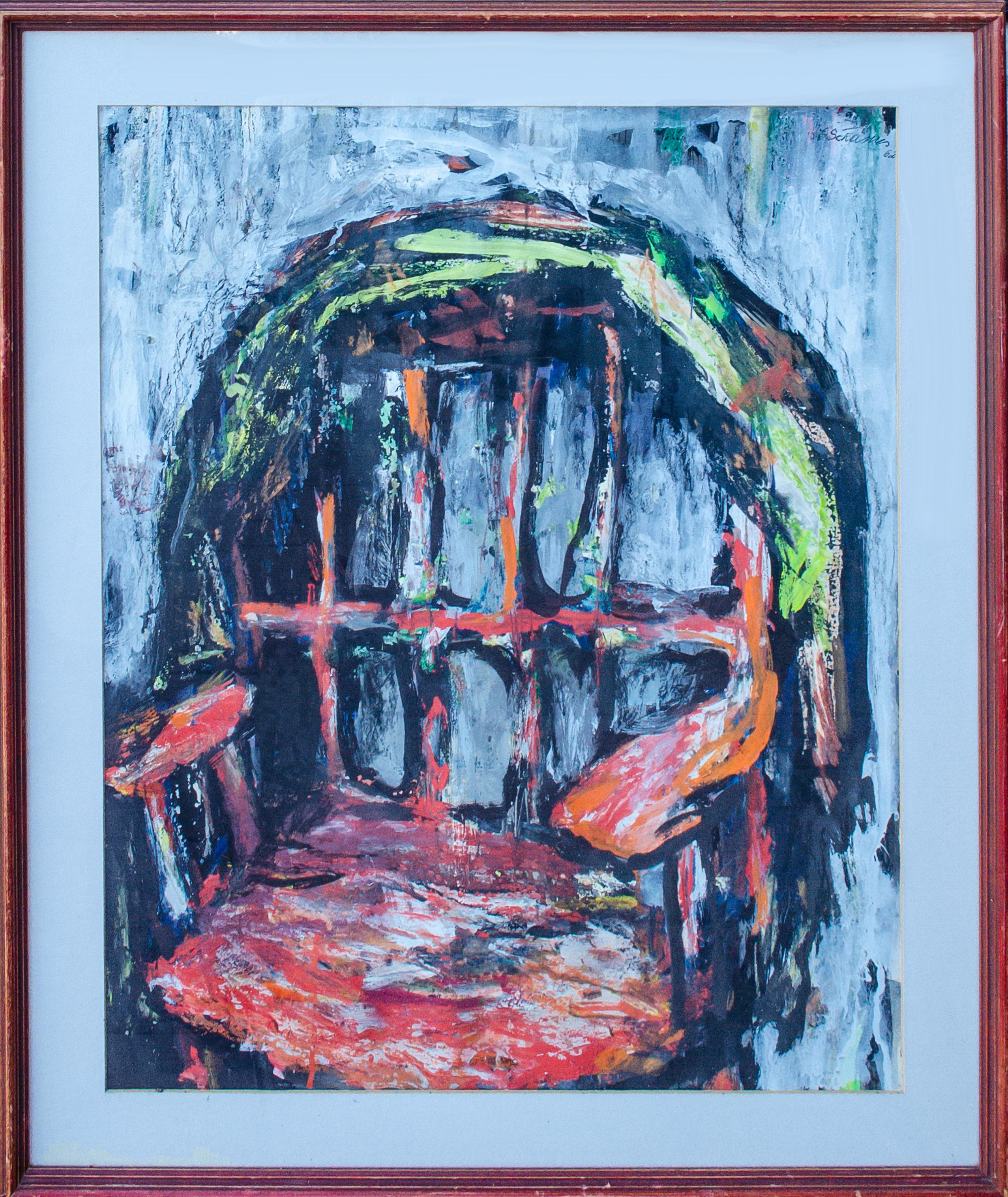 Samson Schames (Deutsch-Amerikaner, 1898-1967)
Ohne Titel (Stuhl und Decke), 1962
Öl auf Papier
Ansicht: 27 1/4 x 21 1/4 Zoll.
Gerahmt: 33 1/4 x 27 1/4 x 1  in.
Signiert und datiert oben rechts

Samson Schames wuchs in einer orthodoxen jüdischen