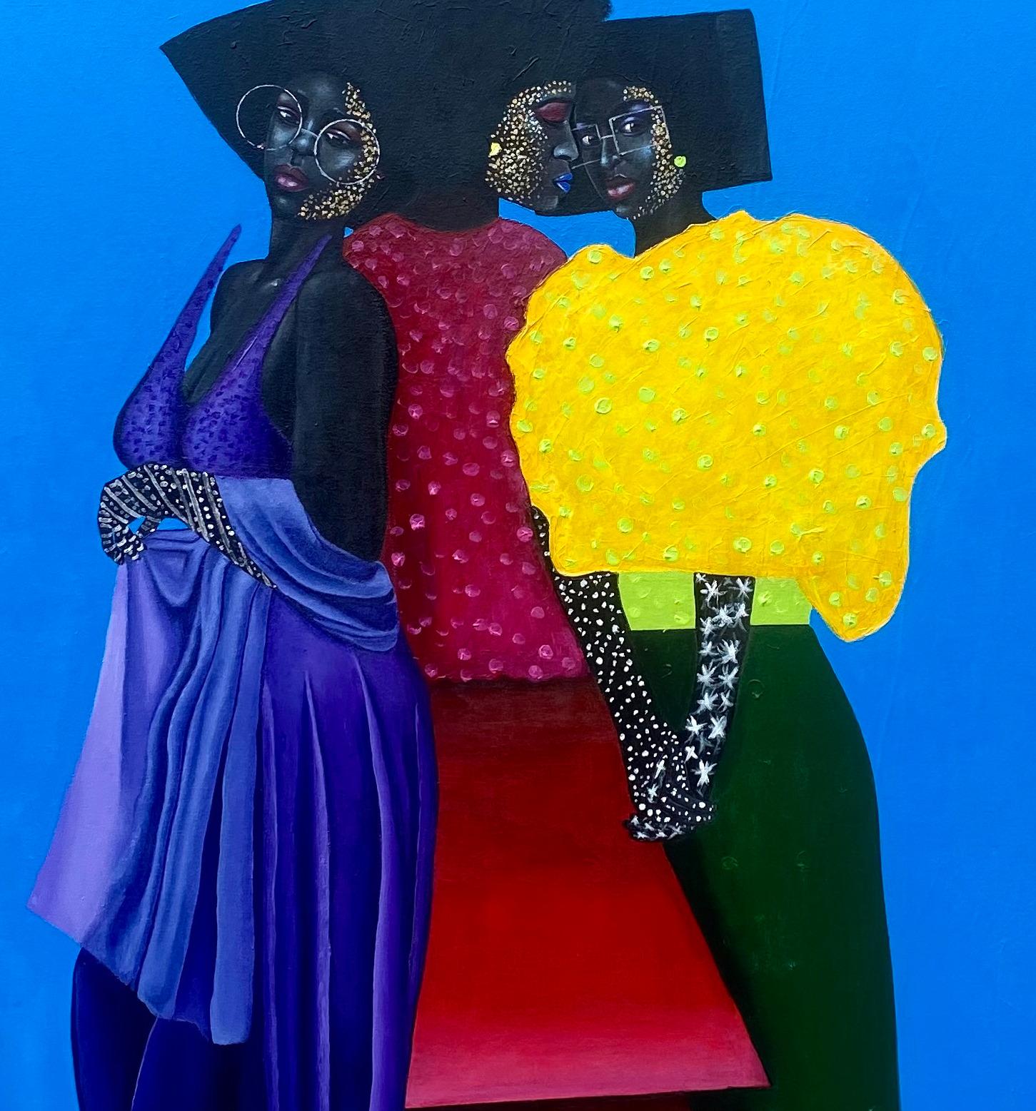 3 in 1 Beauty - 21st Century, Contemporary, Figurative Portrait, African Women - Blue Interior Painting by Samson Toba
