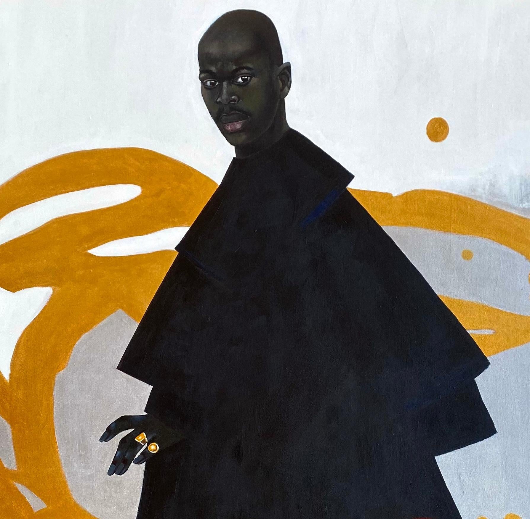 A Silver et Gold J'ai tout sauf le bonheur ? -21e siècle, Figurative contemporaine - Beige Portrait Painting par Samson Toba