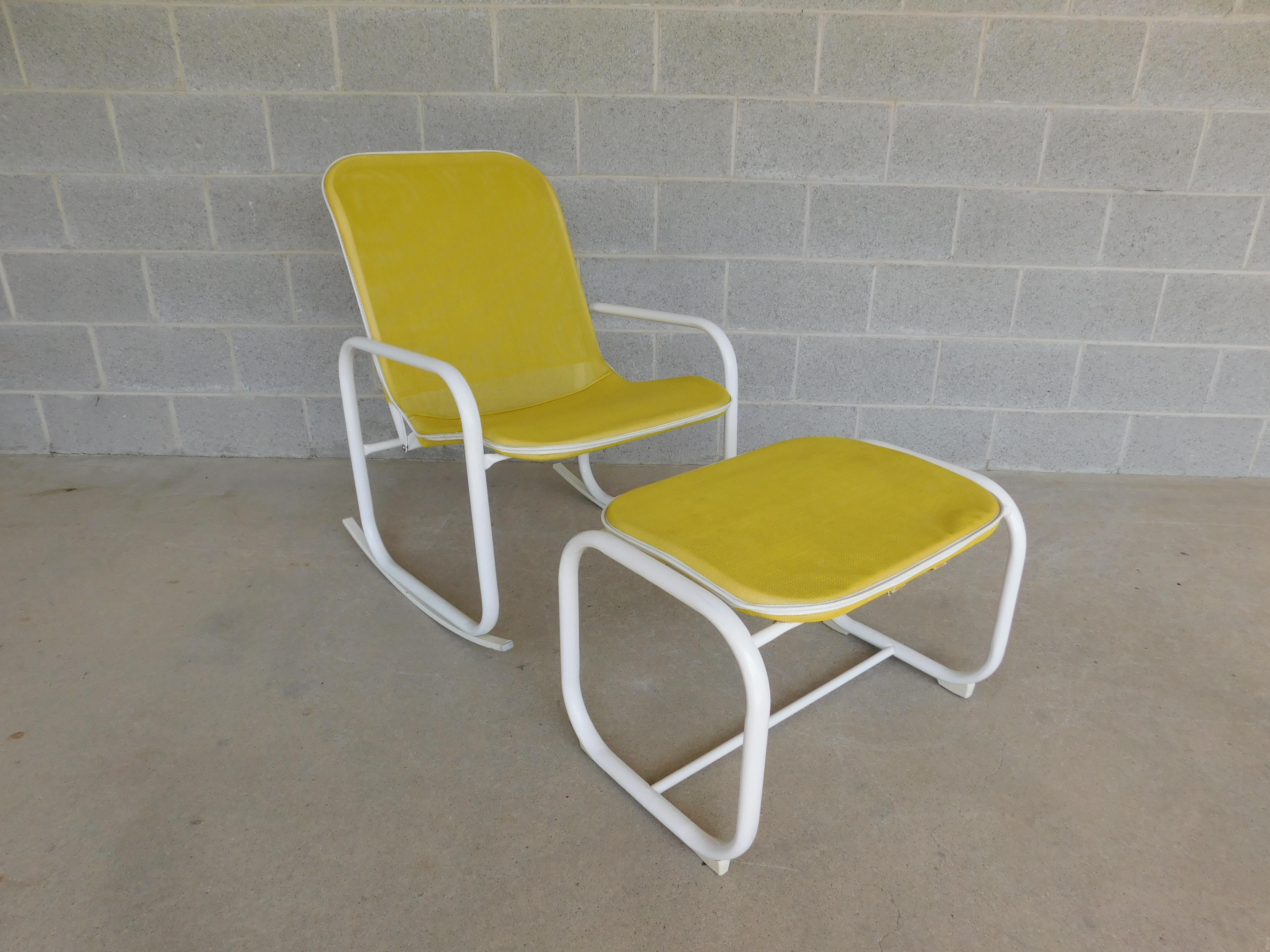 Features Quality Crafted, White Aluminum Base, All Weather Mesh Synthetic Material for Chair & Foot Stool in Lemon Drop Yellow Color

Very Good Condition, original finish

Chairs Back Height 35