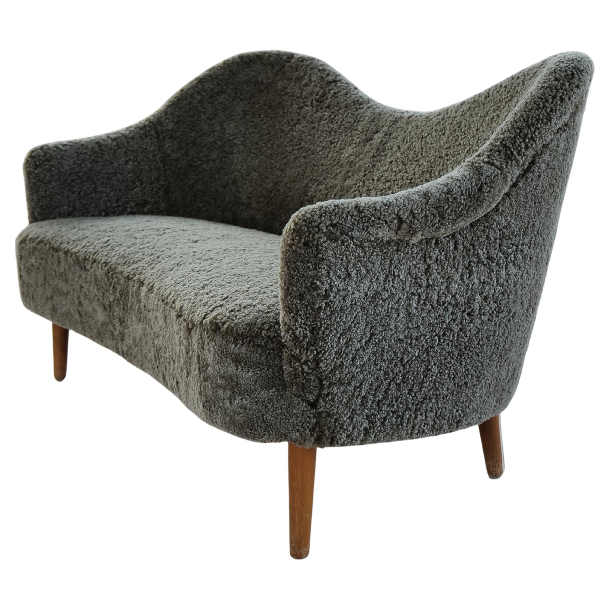 Samspel Sofa by Carl Malmsten, Reupholstered Sheepskin, Sweden, 1956 For Sale