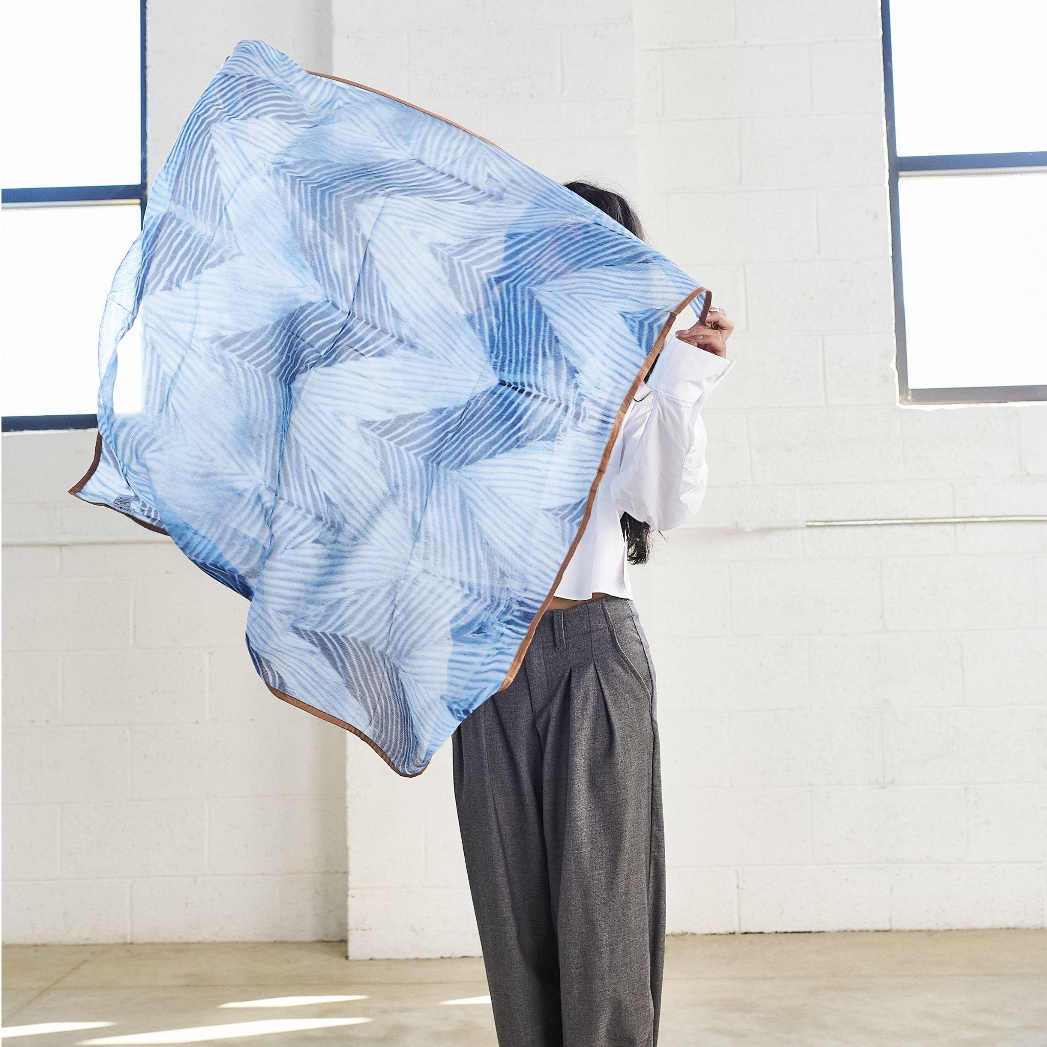 Samu Modern Artisanal Indigo White Square Silk Chiffon Scarf With Gold Silk Hem For Sale 8