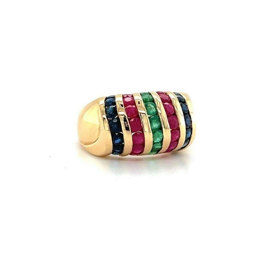 Samuel Aaron 14k Gelbgold natürlichen Rubin Saphir und Smaragd Ring Größe 7

Zustand:  Ausgezeichneter Zustand, professionell gereinigt und poliert
Metall:  14k Gold (markiert und professionell getestet)
Gewicht:  6.6g
Gesichtsbreite: 