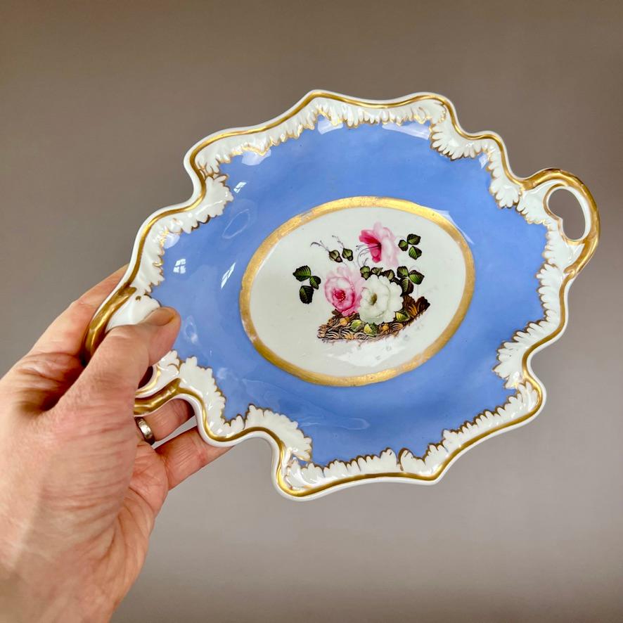 Regency Samuel Alcock 2-Handled Dish, Periwinkle Blue, Lilac, with Flowers, ca 1823 For Sale