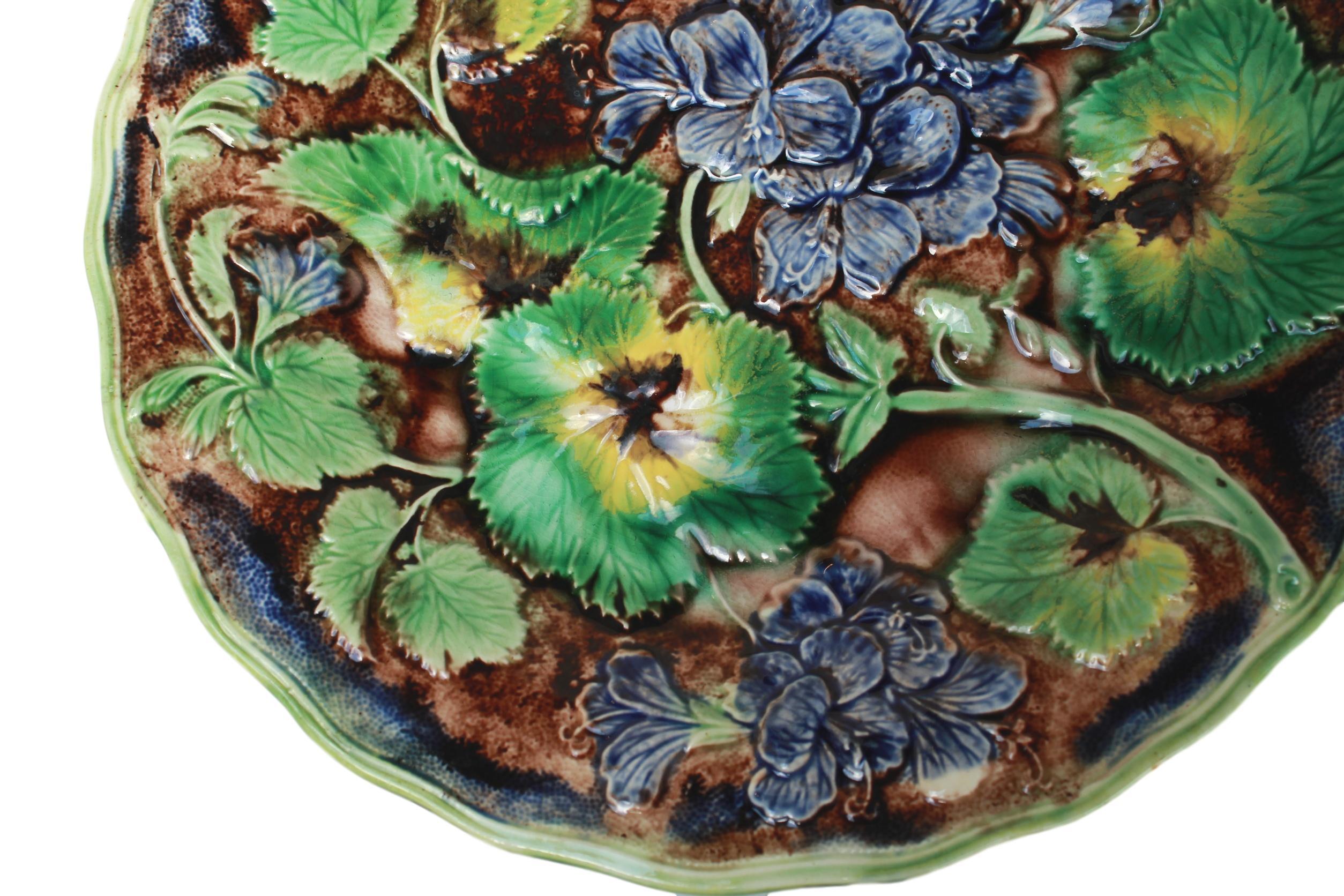 Victorian Samuel Alcock & Co. Majolica Purple Geraniums Plate, English, circa 1860