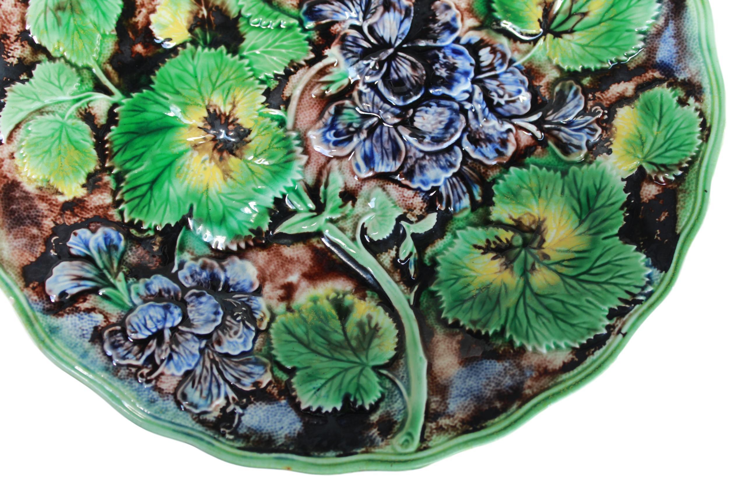 Molded Samuel Alcock & Co. Majolica Purple Geraniums Plate, English, circa 1860 For Sale