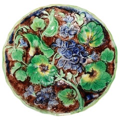 Antique Samuel Alcock & Co. Majolica Purple Geraniums Plate, English, circa 1860