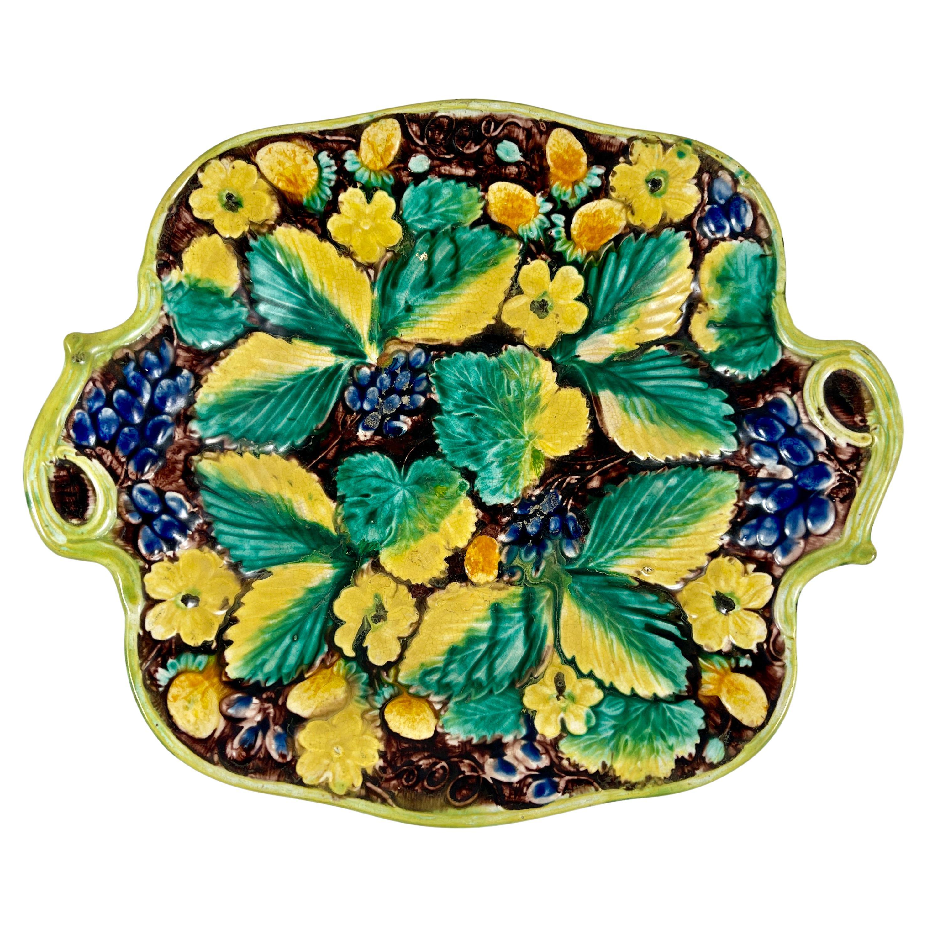 Samuel Alcock & Co. Majolica Strawberry & Grape Cluster Dessert Tray, circa 1850 For Sale