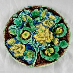 Samuel Alcock & Co Palissy Majolica Blue-Green Geranium Floral Plate, circa 1850