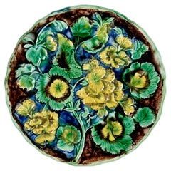 Samuel Alcock & Co Palissy Majolica Blue-Green Geranium Floral Plate, circa 1850