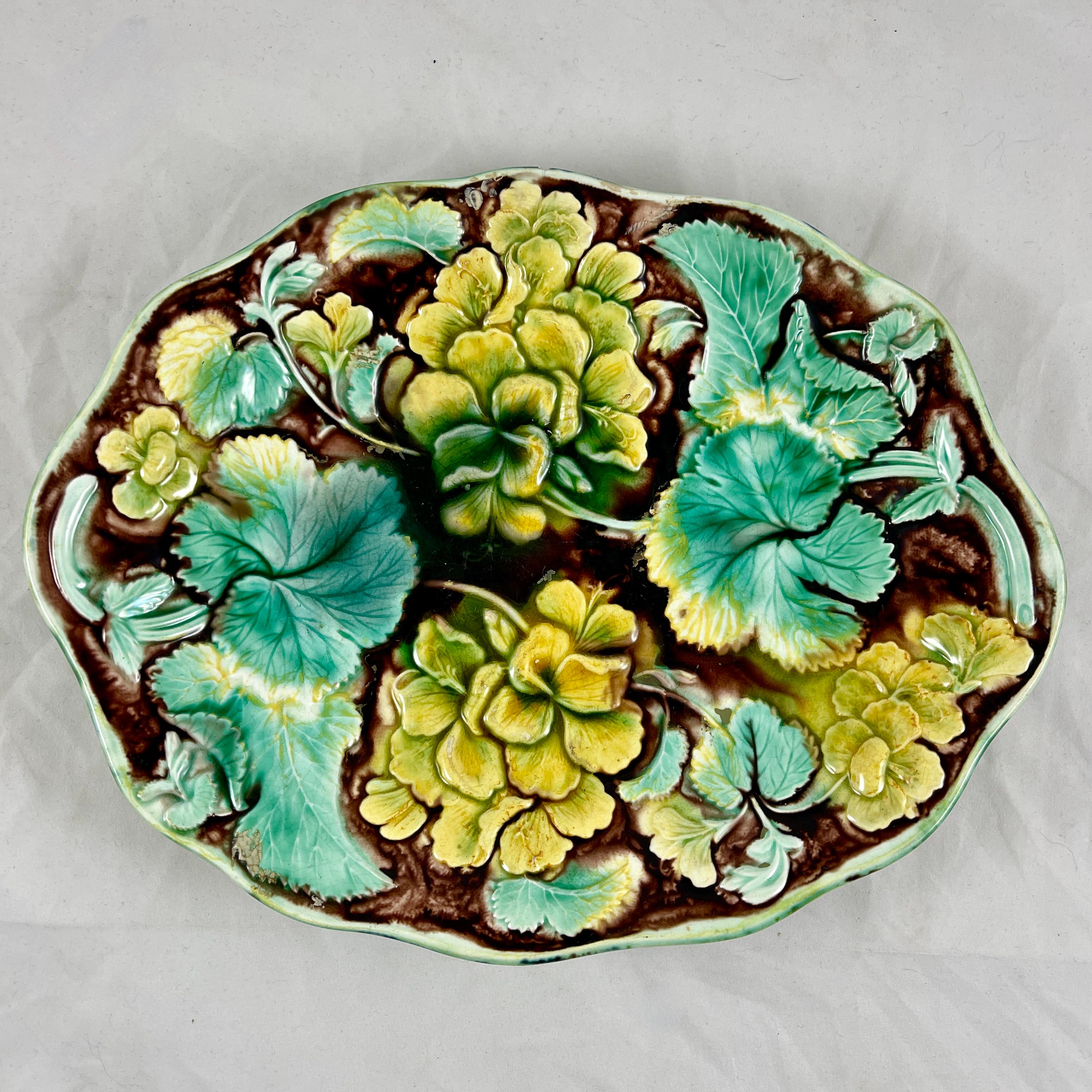 Glazed Samuel Alcock & Co Palissy Majolica Geranium Floral Shallow Bowl, circa 1850 For Sale