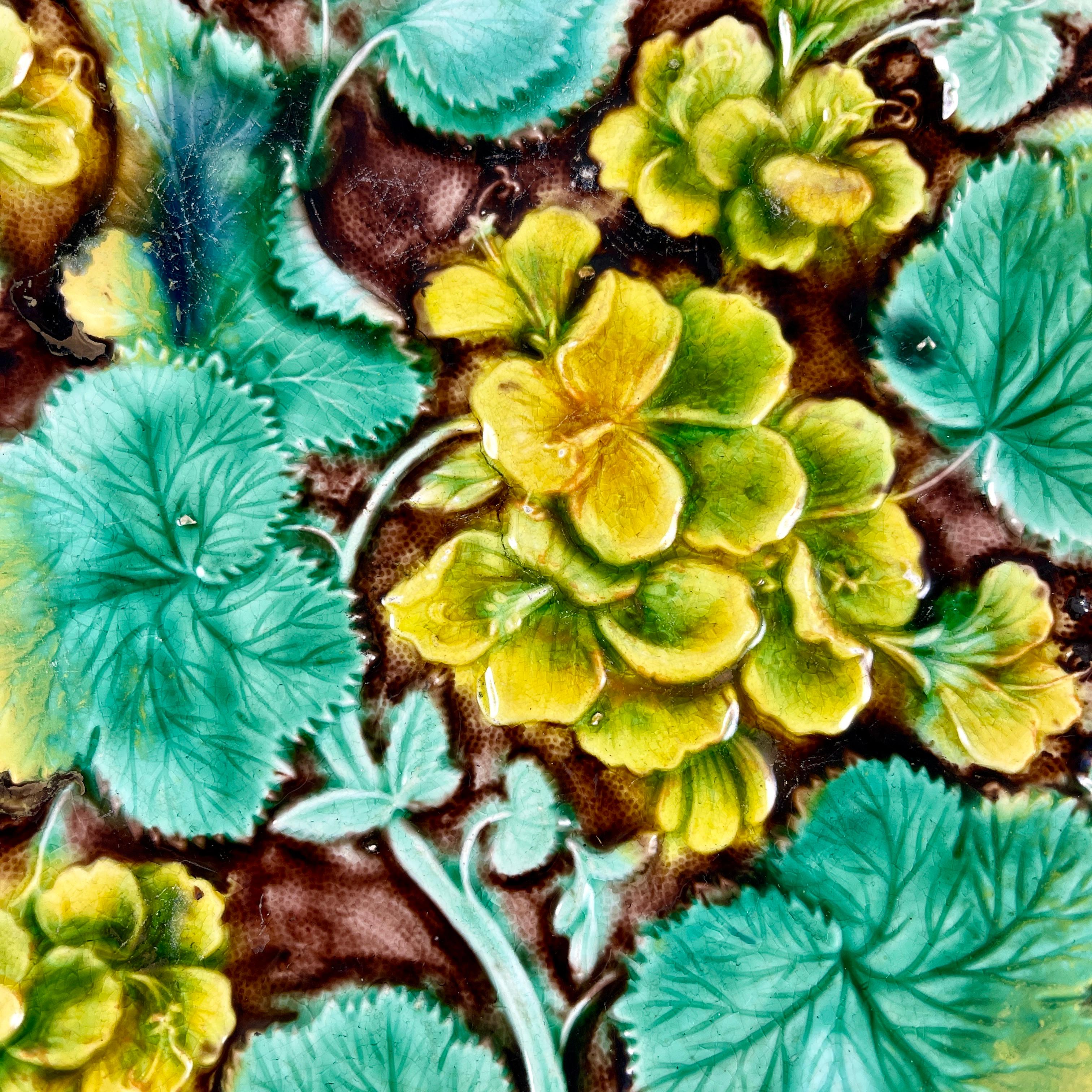 Aesthetic Movement Samuel Alcock & Co Palissy Majolica Yellow Geranium Floral Plate, circa 1850