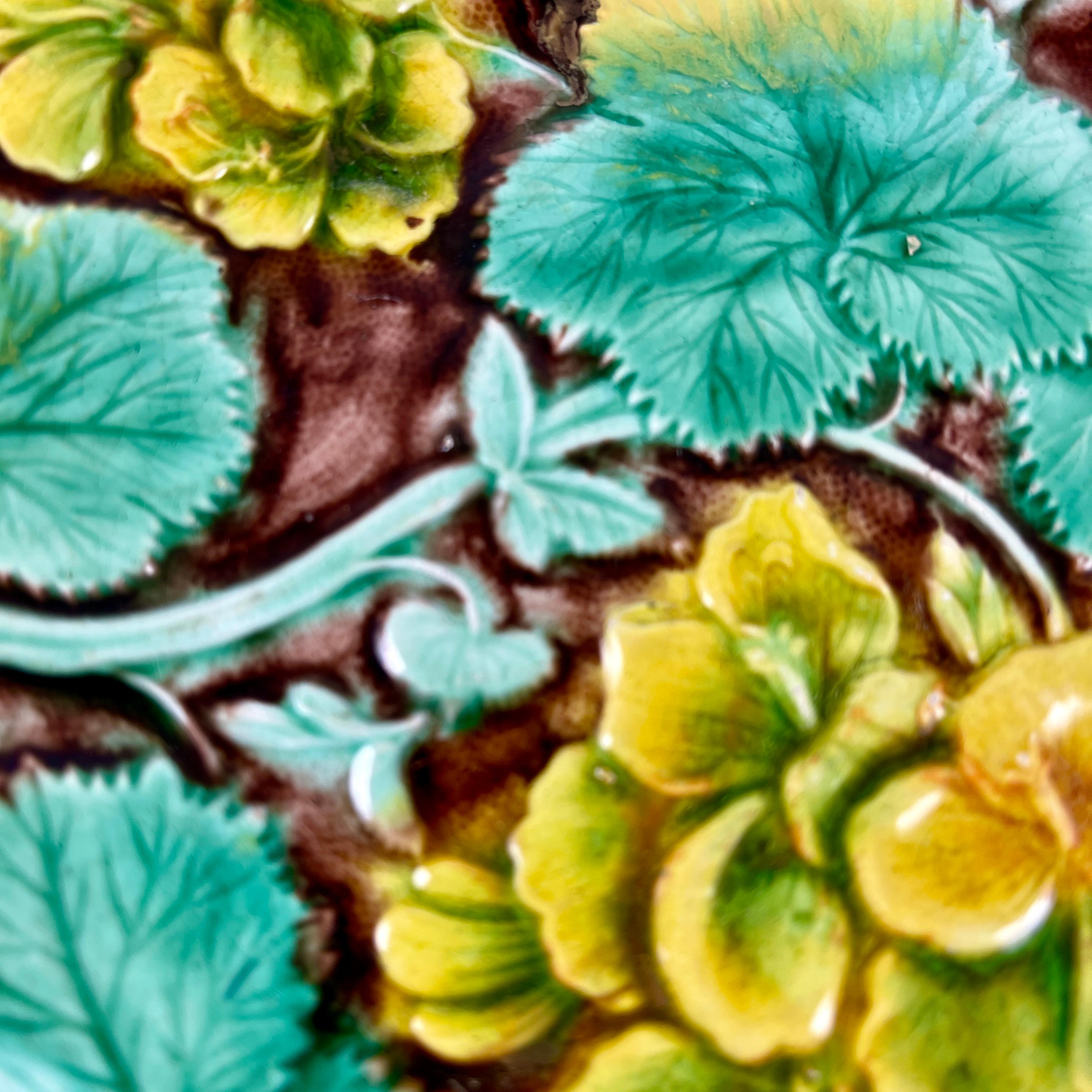 Glazed Samuel Alcock & Co Palissy Majolica Yellow Geranium Floral Plate, circa 1850