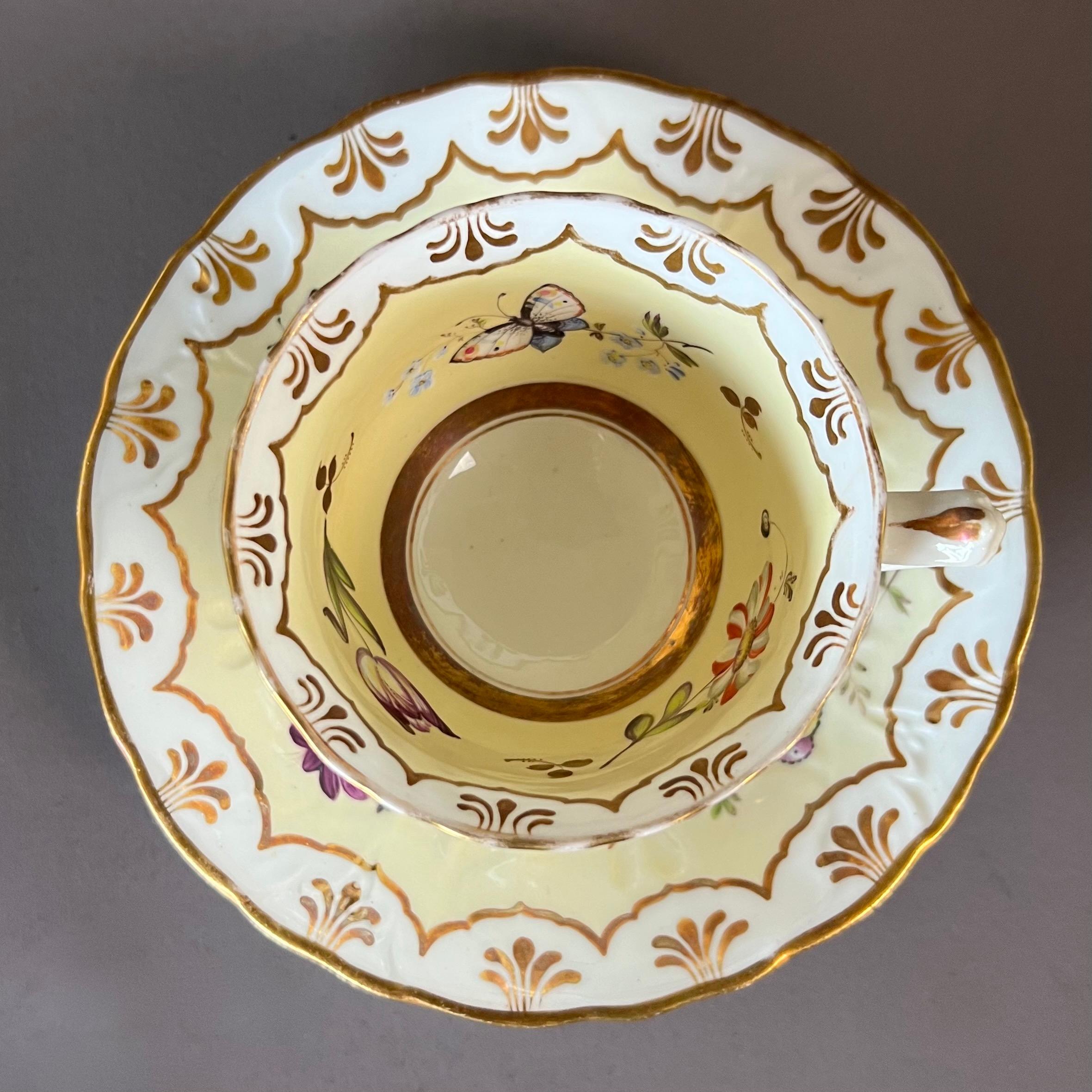 Victorian Samuel Alcock Coffee Cup, Pale Yellow, Flowers and Butterflies, ca 1834