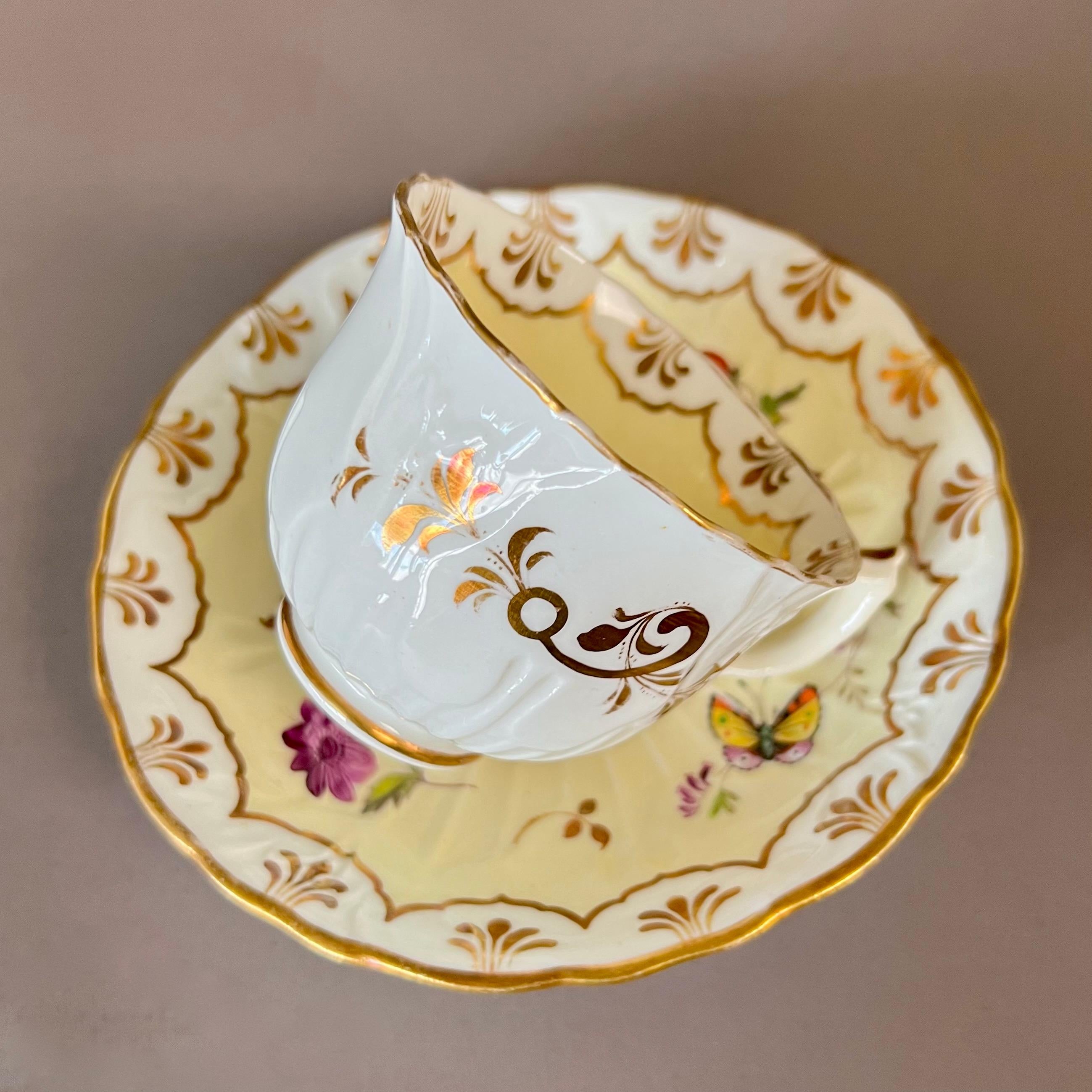 Hand-Painted Samuel Alcock Coffee Cup, Pale Yellow, Flowers and Butterflies, ca 1834