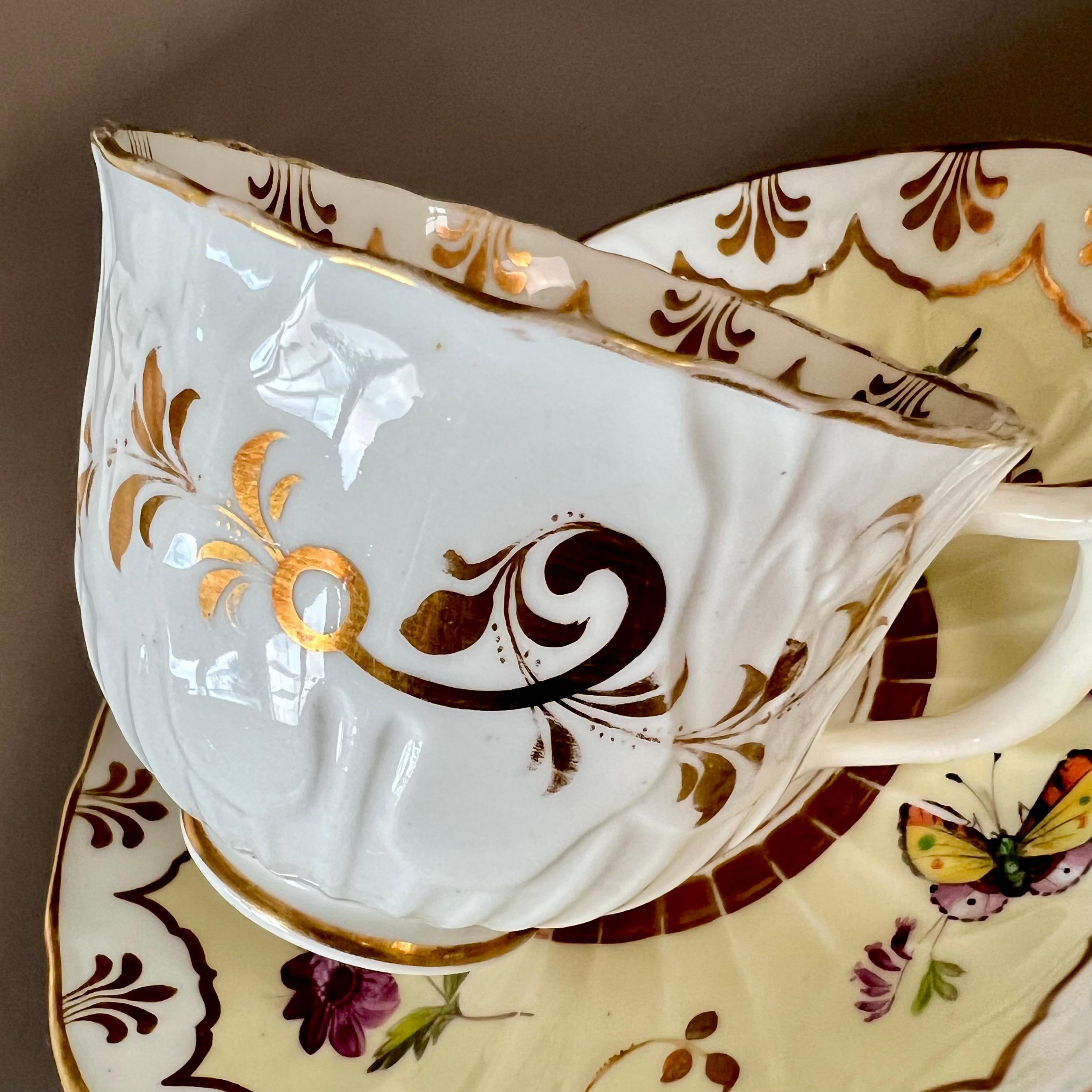 Samuel Alcock Coffee Cup, Pale Yellow, Flowers and Butterflies, ca 1834 In Good Condition In London, GB