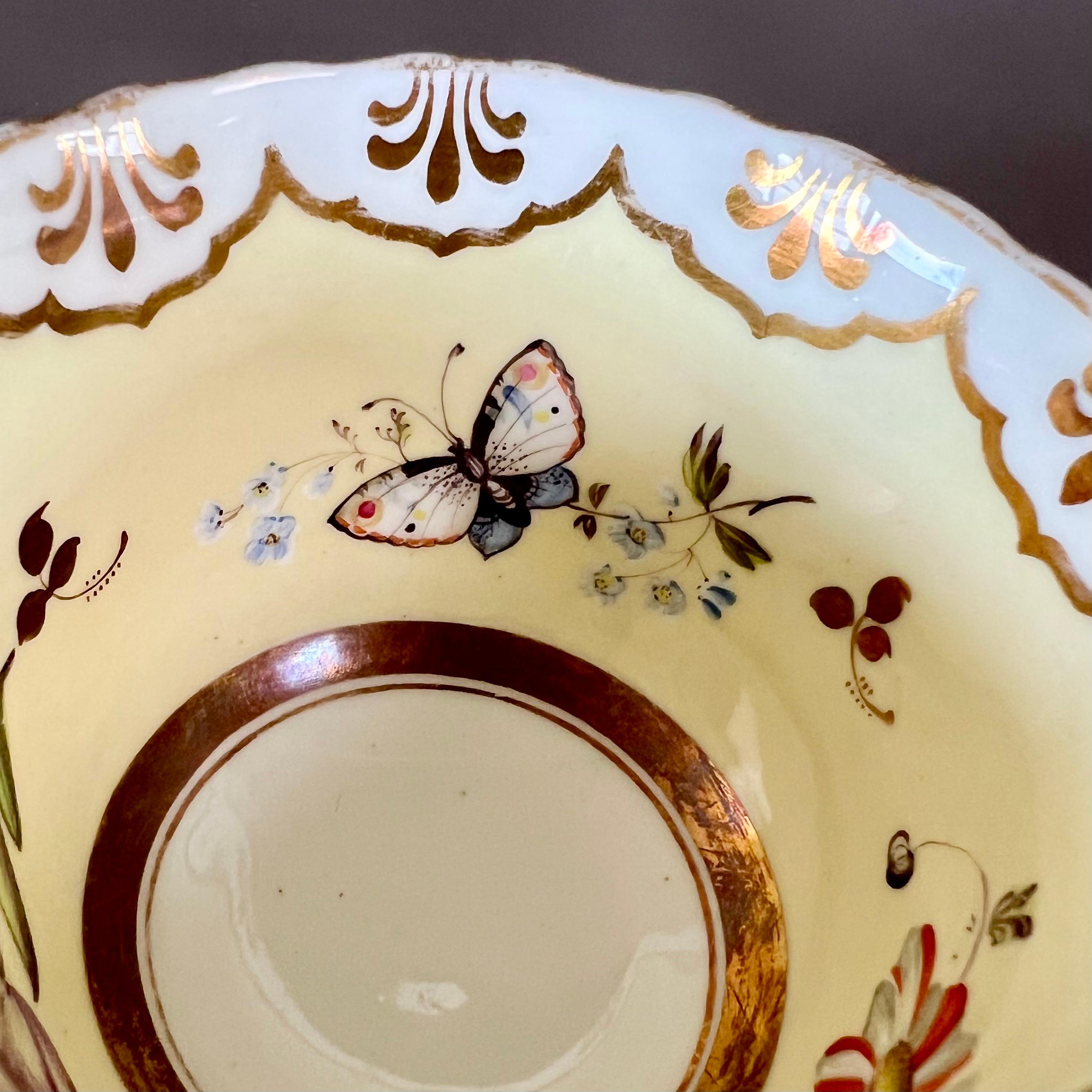 Mid-19th Century Samuel Alcock Coffee Cup, Pale Yellow, Flowers and Butterflies, ca 1834