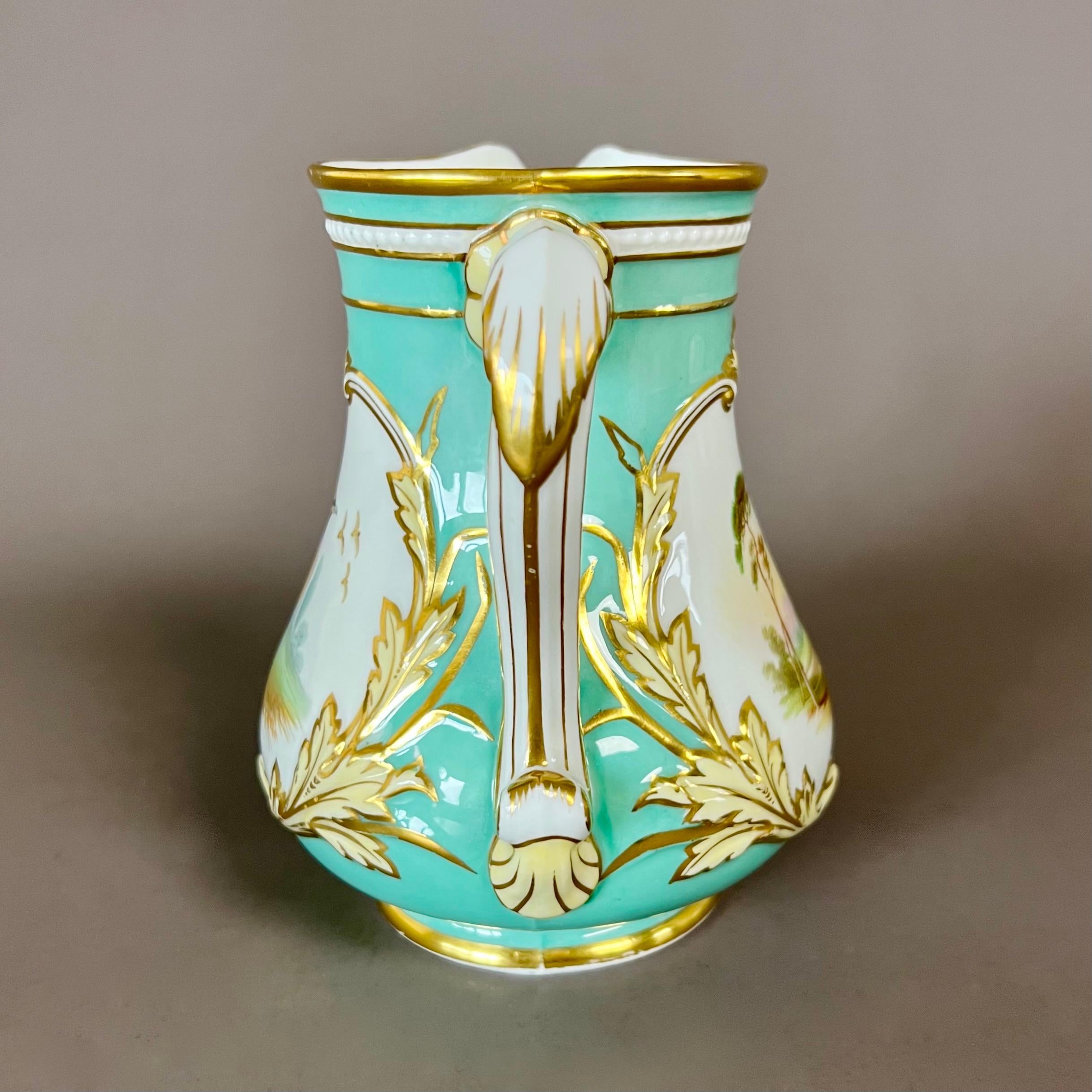 English Samuel Alcock Cream Jug, Pitcher, Eau de Nil with Jay and Landscape, 1854