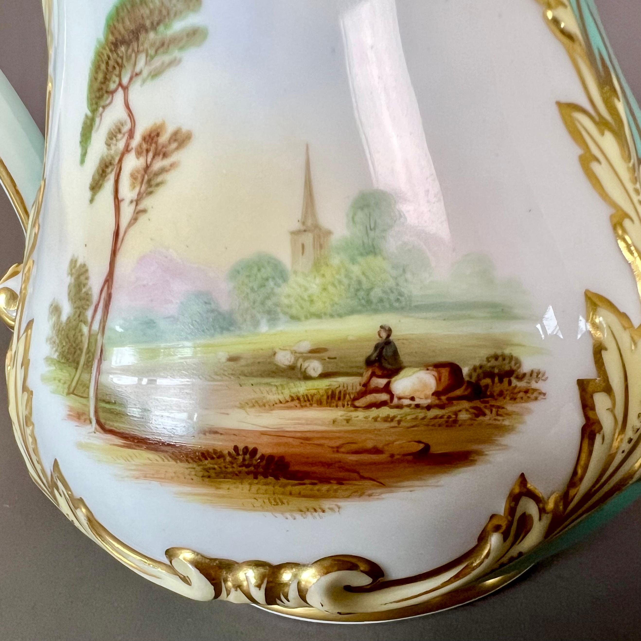Samuel Alcock Cream Jug, Pitcher, Eau de Nil with Jay and Landscape, 1854 In Good Condition For Sale In London, GB
