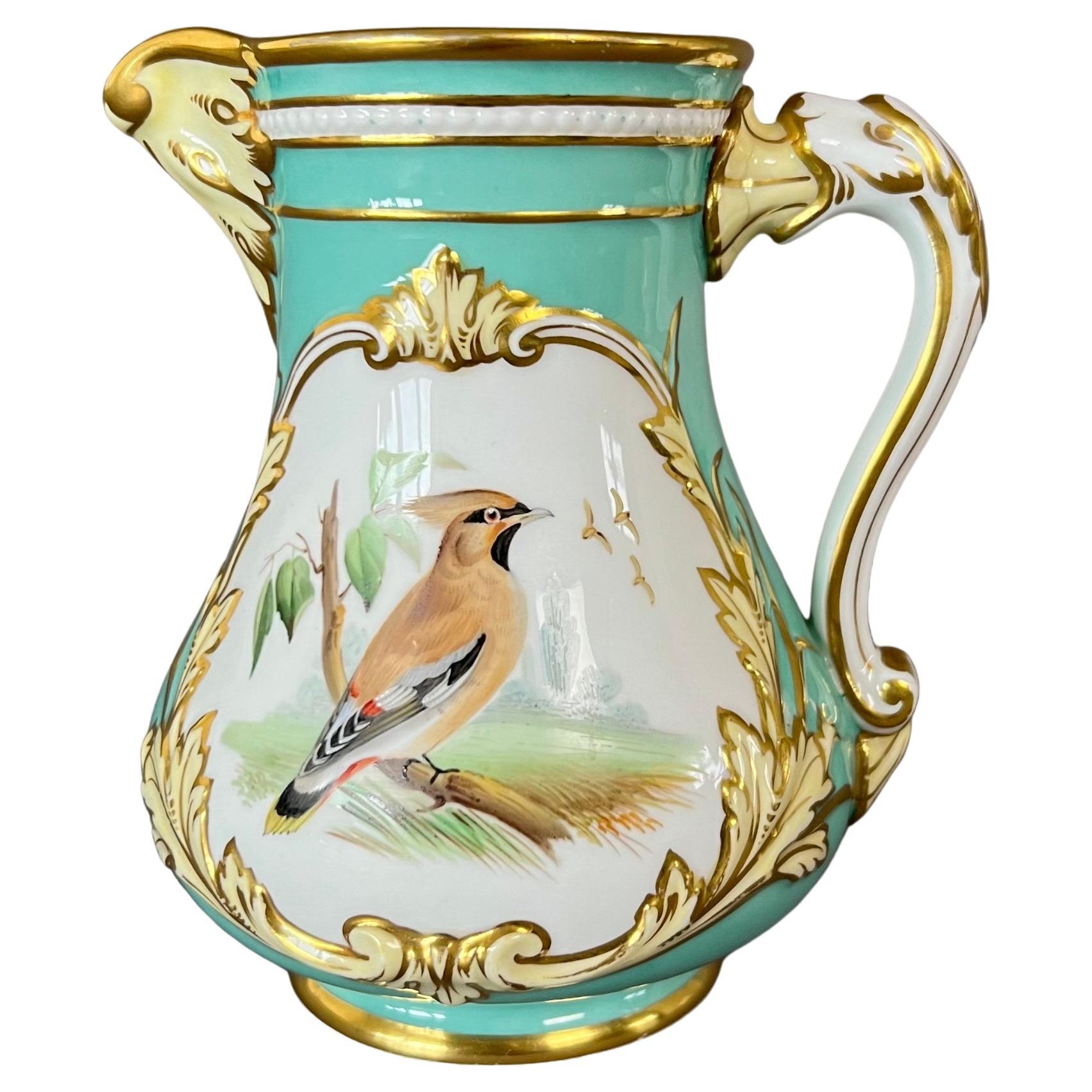 Samuel Alcock Cream Jug, Pitcher, Eau de Nil with Jay and Landscape, 1854 For Sale