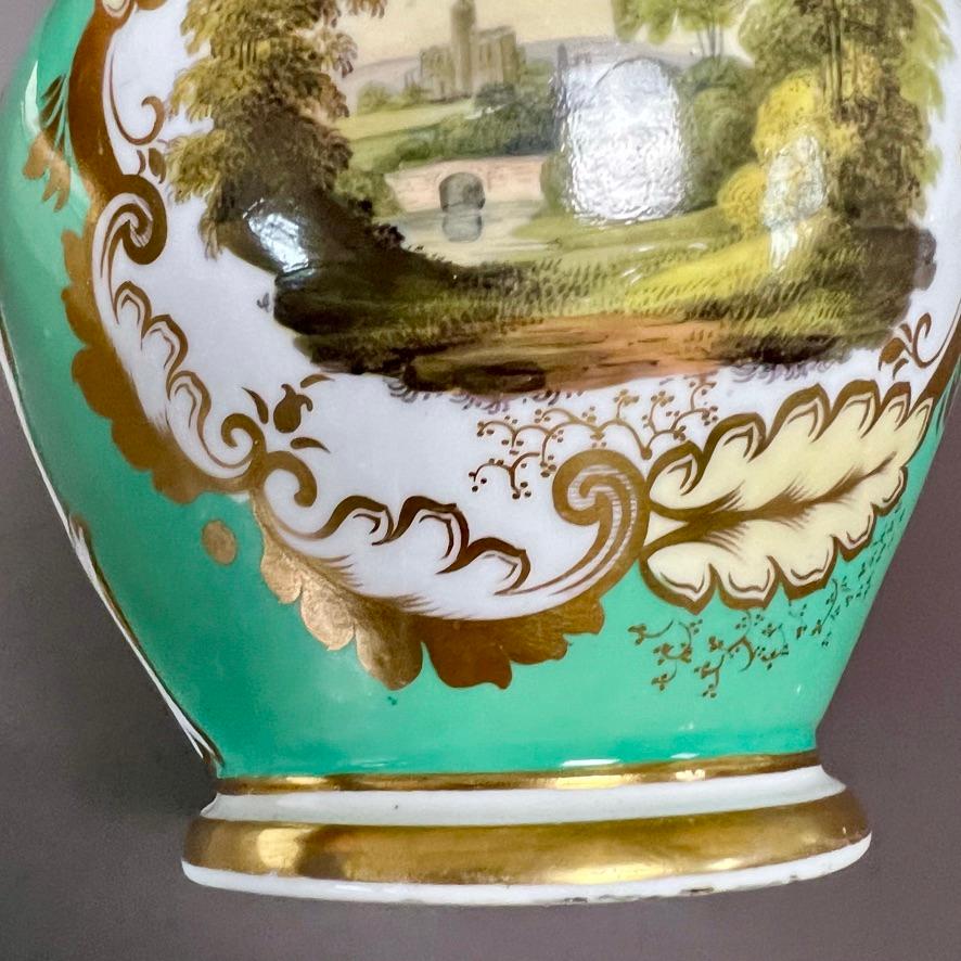 Samuel Alcock Cream Jug Pitcher, Pale Green with Flowers and Landscape, ca 1840 For Sale 4