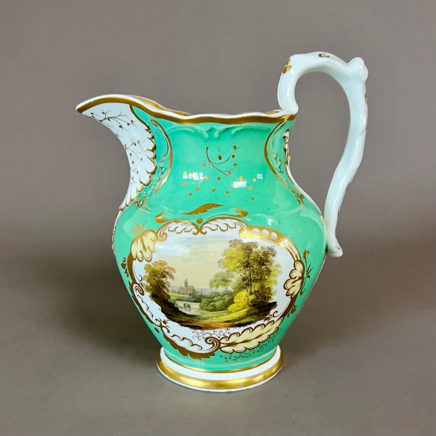 Victorian Samuel Alcock Cream Jug Pitcher, Pale Green with Flowers and Landscape, ca 1840 For Sale
