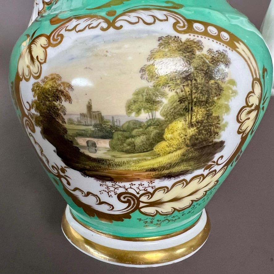Samuel Alcock Cream Jug Pitcher, Pale Green with Flowers and Landscape, ca 1840 For Sale 1
