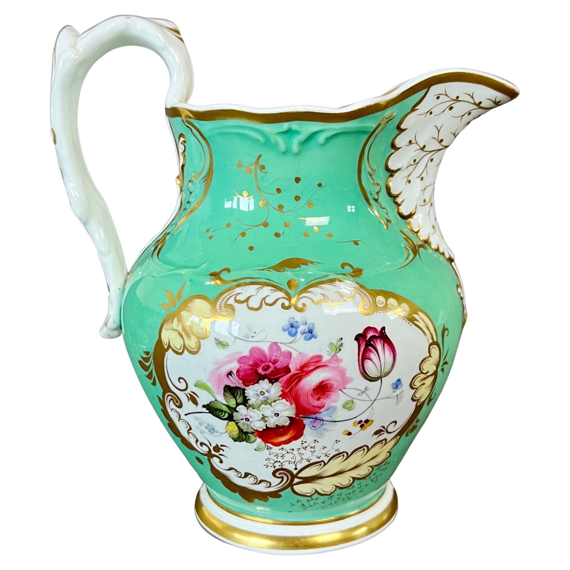Samuel Alcock Cream Jug Pitcher, Pale Green with Flowers and Landscape, ca 1840 For Sale