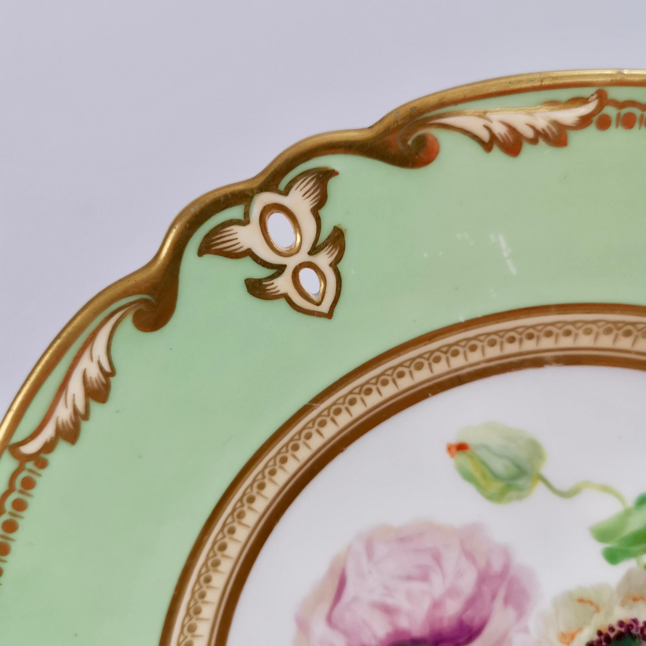 Samuel Alcock Dessert Plate, Pierced Rim, Pale Green, Named Ranunculus, ca 1855 5