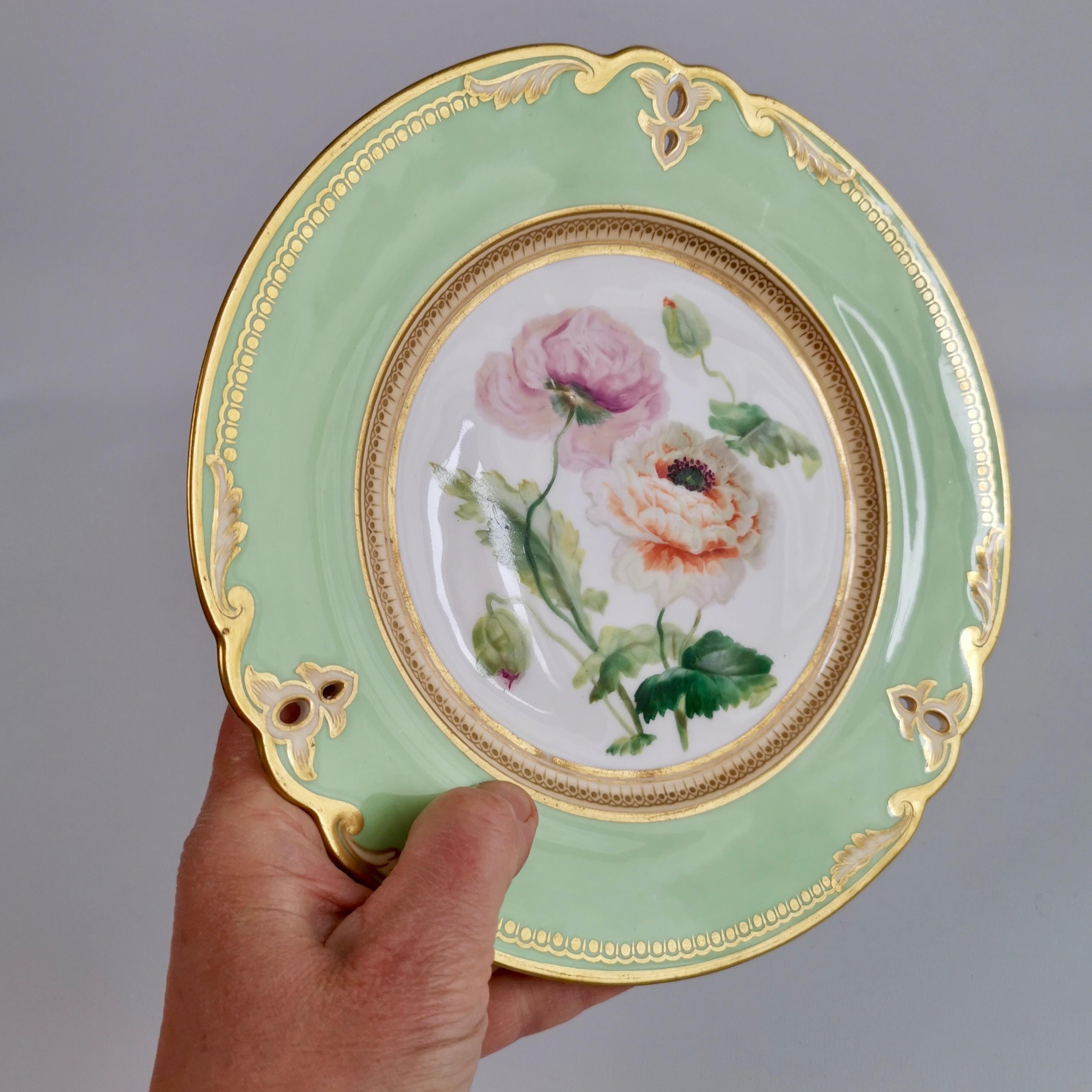 This is a beautiful dessert plate made by Samuel Alcock around the year 1855. The plate has a pierced rim and is decorated with a pale green ground and beautifully hand painted and named ranunculae in the centre.

Samuel Alcock was one of the many
