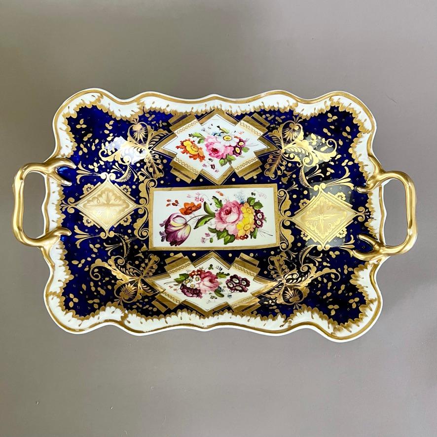 Early 19th Century Samuel Alcock Dessert Service for 12, Cobalt Blue, Gilt and Flowers ca 1822 For Sale