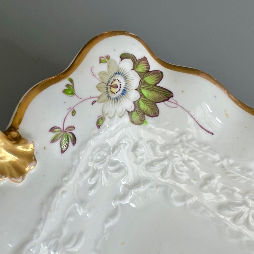Hand-Painted Samuel Alcock Footed Comport, Embossed, White with Passion Flower, ca 1824 For Sale