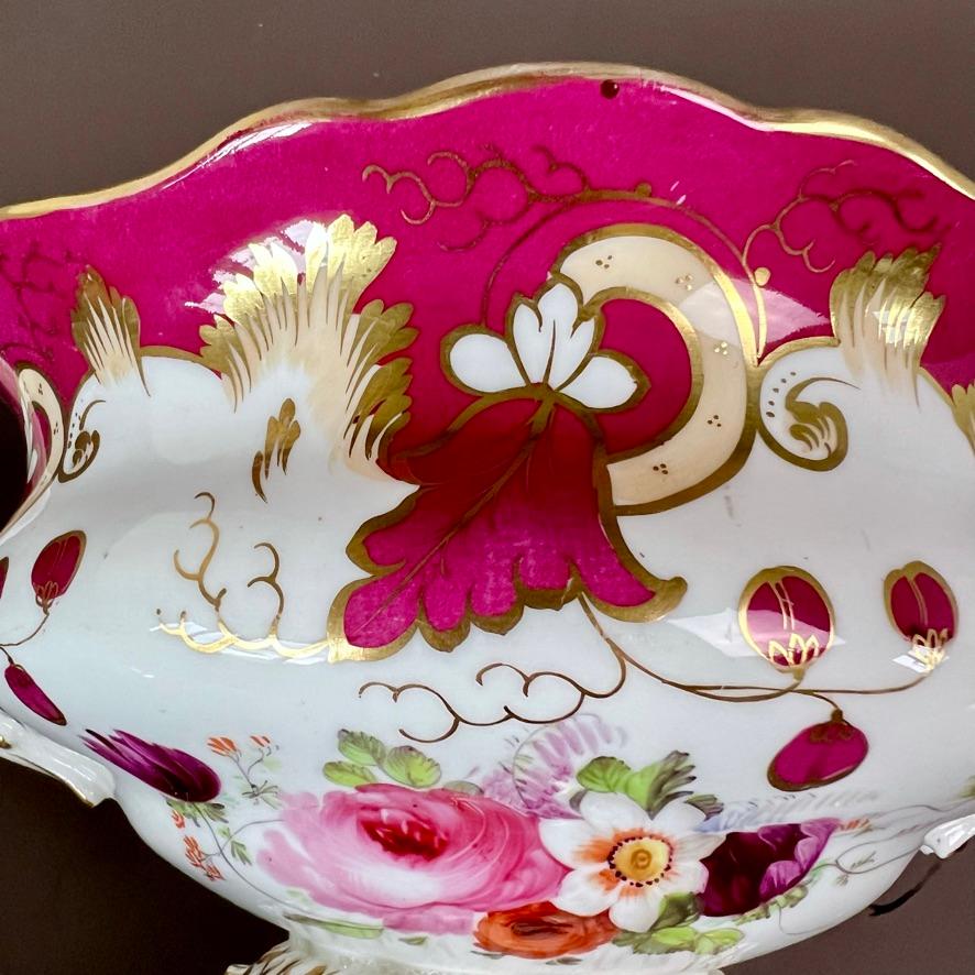 Samuel Alcock Footed Porcelain Sauce Tureen, Maroon with Flower Sprays, ca 1842 For Sale 4