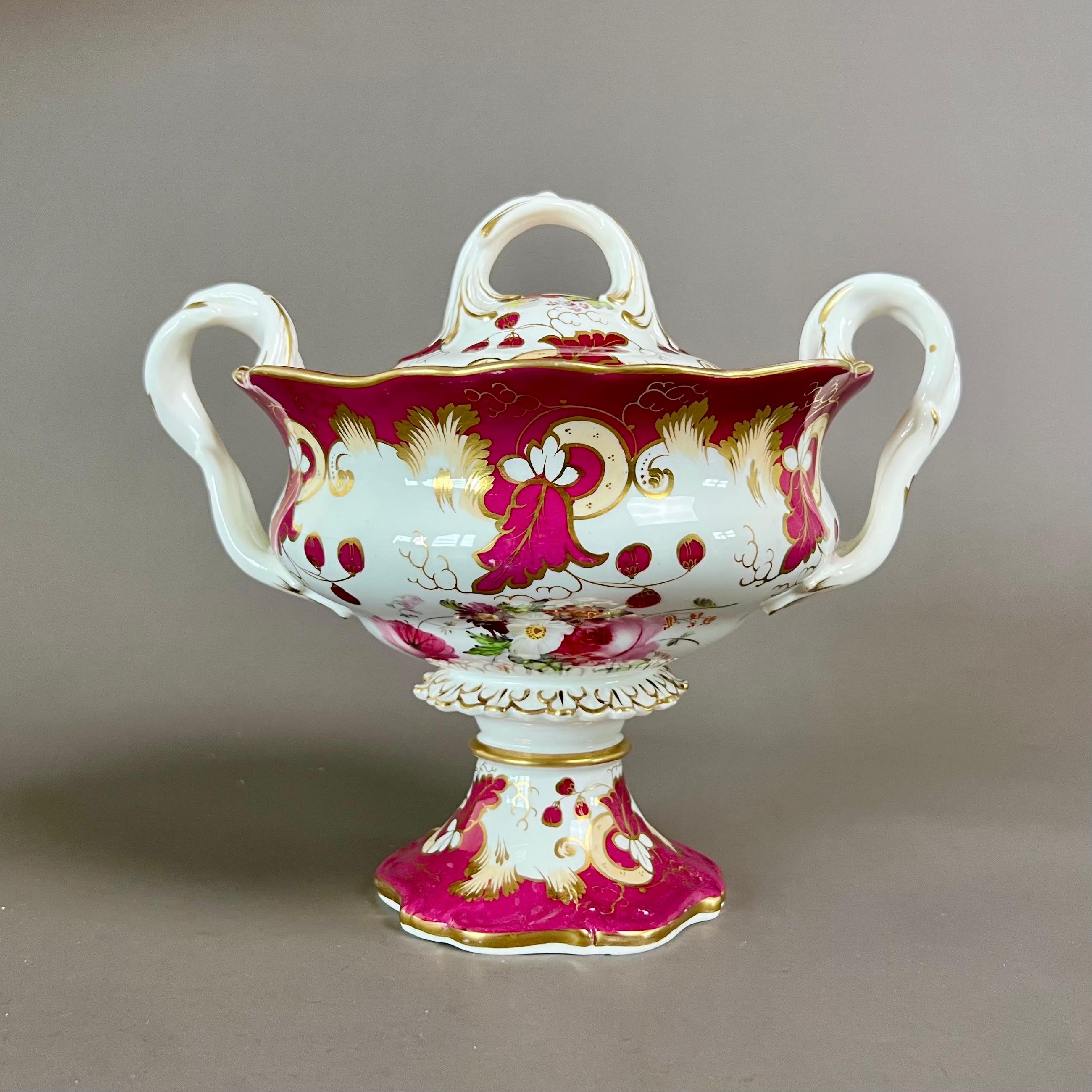 Rococo Revival Samuel Alcock Footed Porcelain Sauce Tureen, Maroon with Flower Sprays, ca 1842 For Sale
