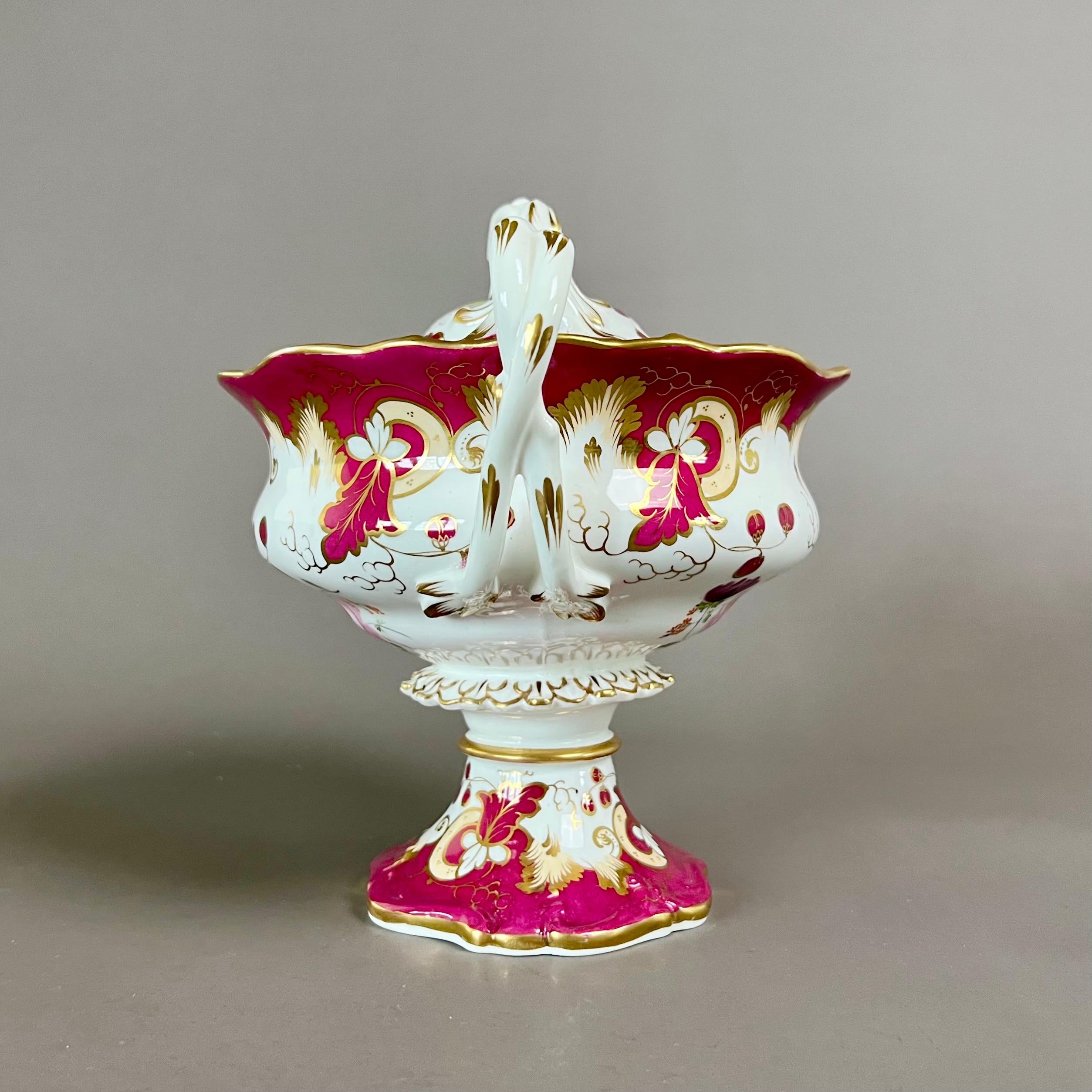 English Samuel Alcock Footed Porcelain Sauce Tureen, Maroon with Flower Sprays, ca 1842 For Sale