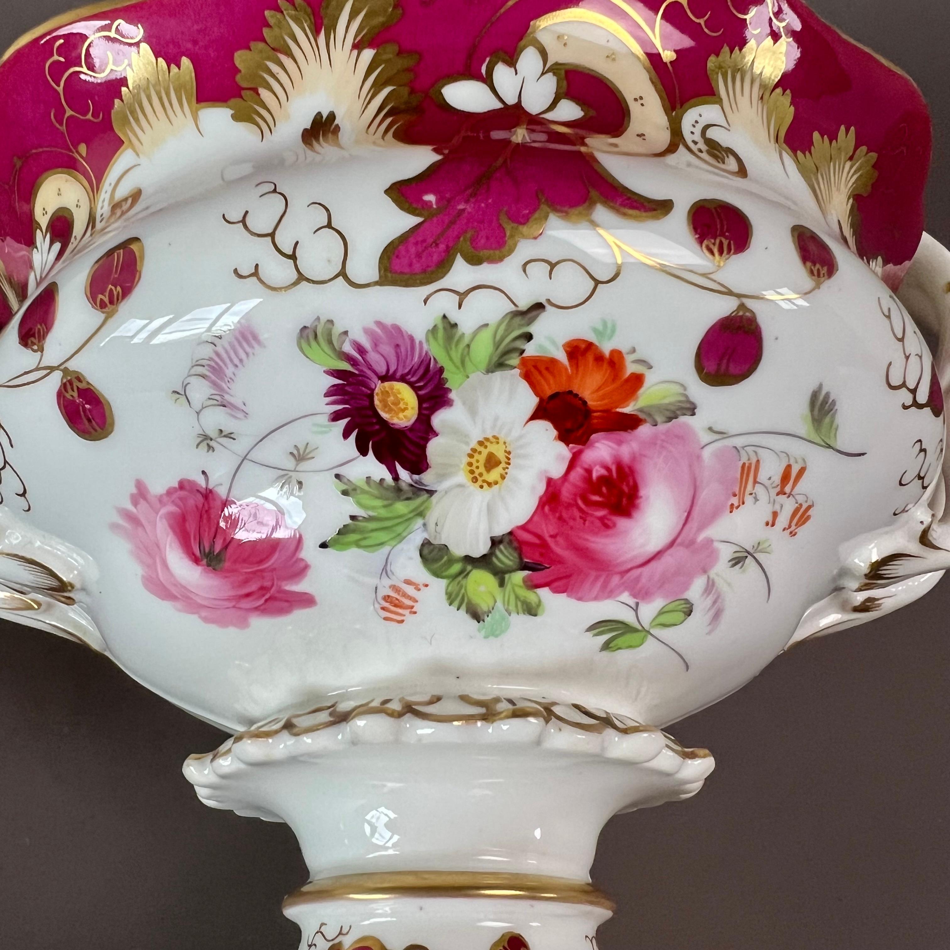 Hand-Painted Samuel Alcock Footed Porcelain Sauce Tureen, Maroon with Flower Sprays, ca 1842 For Sale
