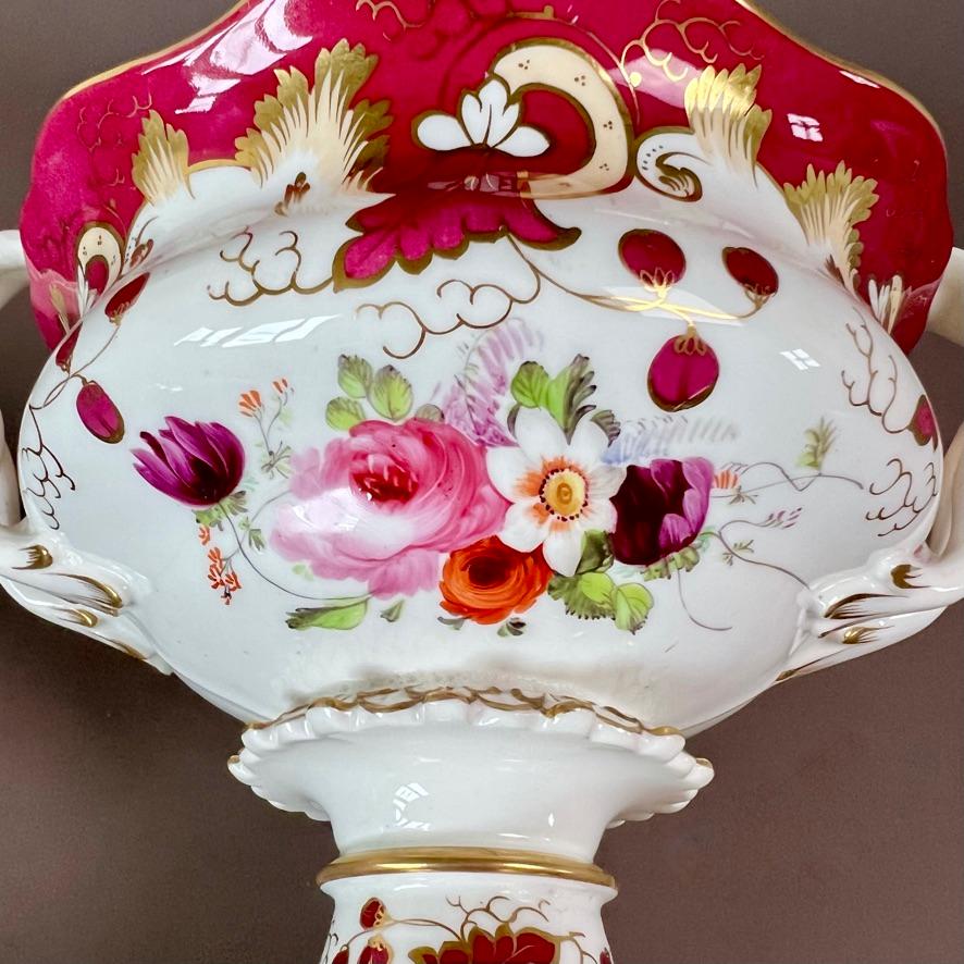 Samuel Alcock Footed Porcelain Sauce Tureen, Maroon with Flower Sprays, ca 1842 In Good Condition For Sale In London, GB