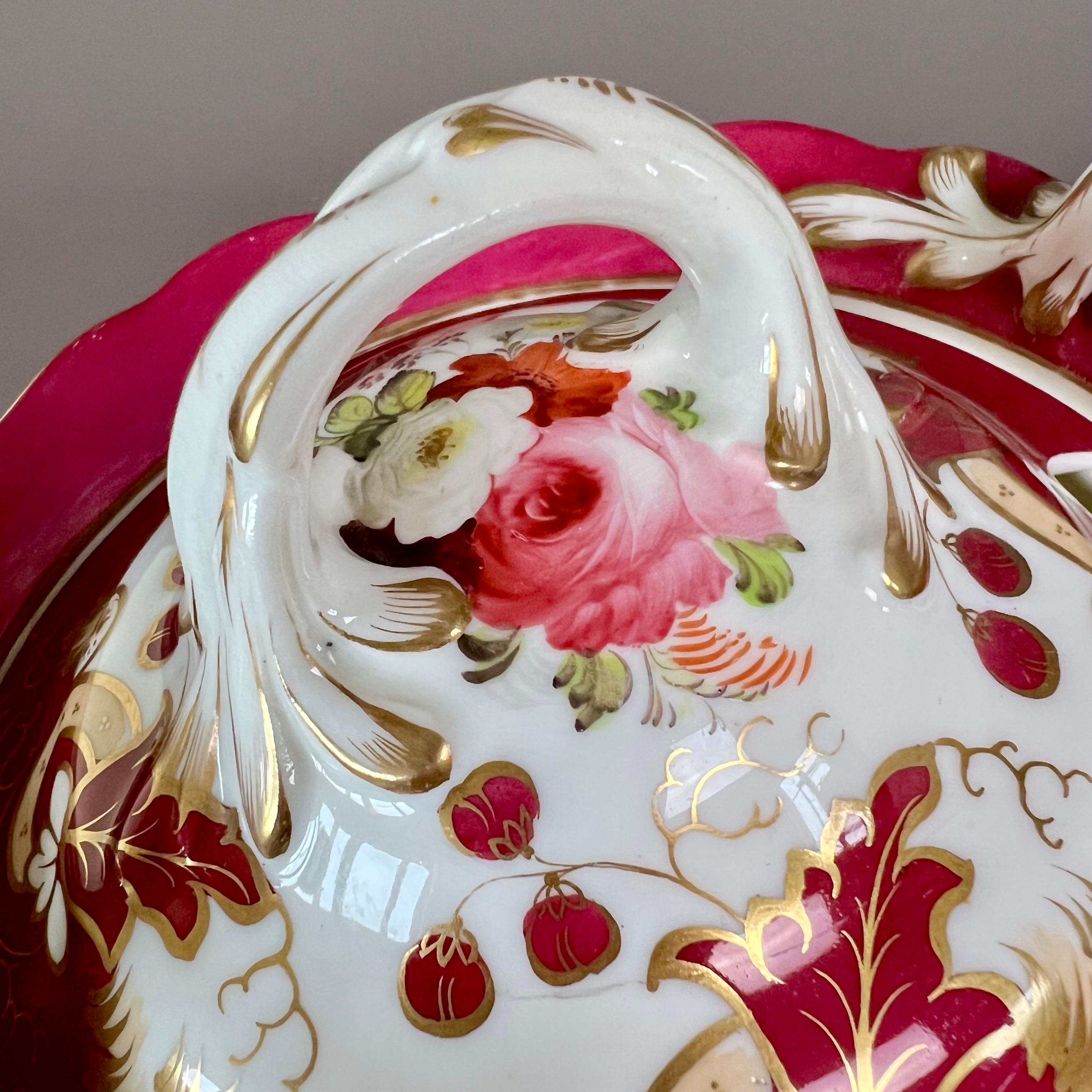Mid-19th Century Samuel Alcock Footed Porcelain Sauce Tureen, Maroon with Flower Sprays, ca 1842 For Sale